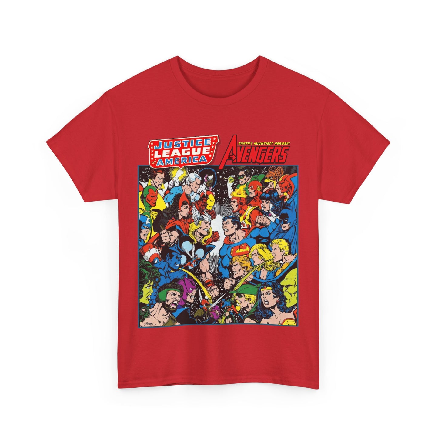 Justice League/Avengers T-Shirt - DC & Marvel Comics Art - George Perez - JLA - Batman, Captain America, Iron Man, Green Lantern