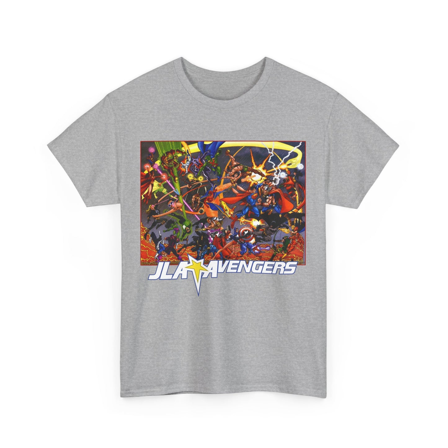 Avengers Vs JLA T-Shirt - Stunning George Perez Art - Marvel & DC Comics Crossover - Thor, Superman, Wonder Woman, Hercules, Iron Man, Batman, Black Canary, Scarlet Witch, Wonder Man, Martian Manhunter