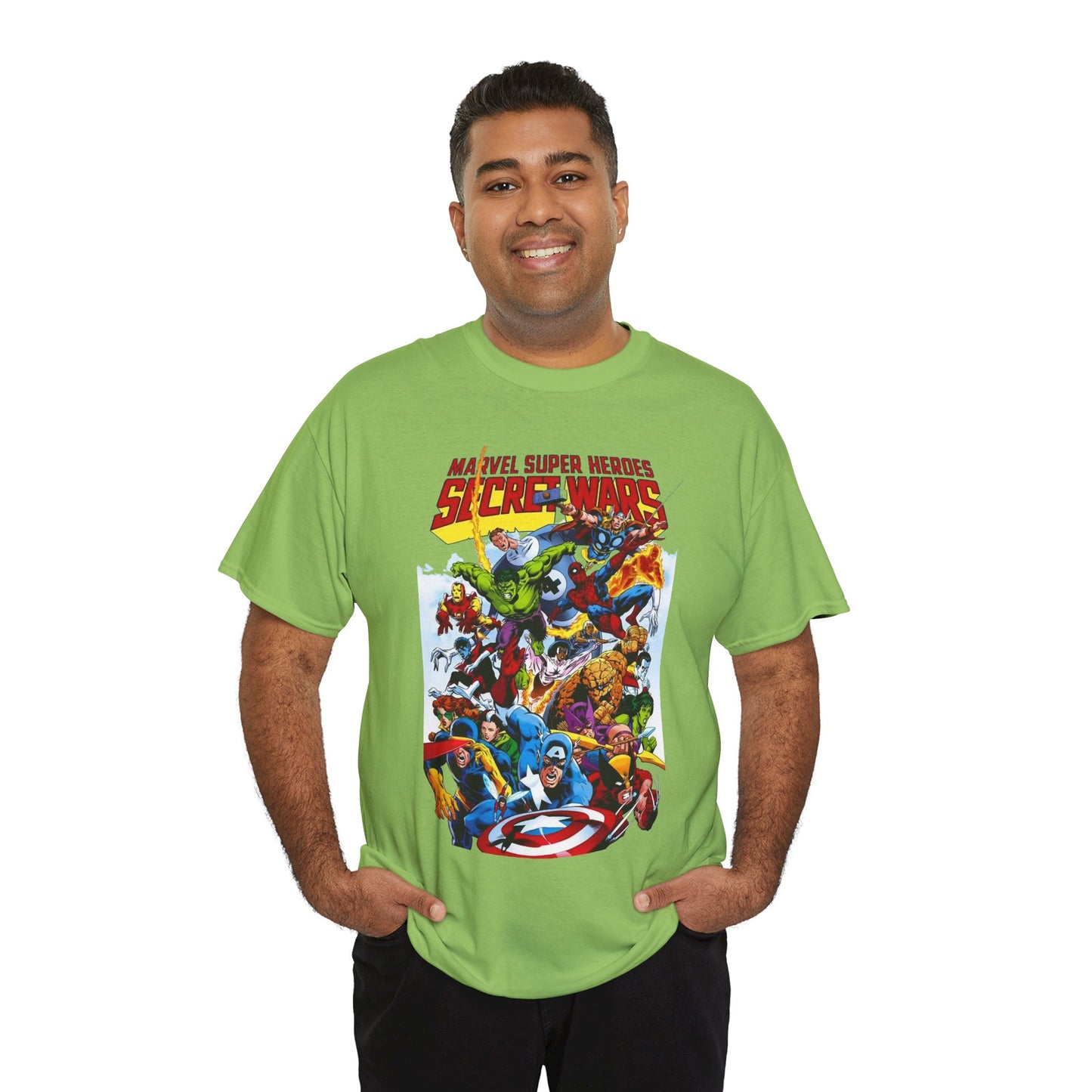 Secret Wars T-Shirt - Spider-man, Wolverine, Iron Man, Captain America, Cyclops, Rogue, Hulk, Mr Fantastic, The Thing - Classic Marvel Comics 1980s Series - The Beyonder