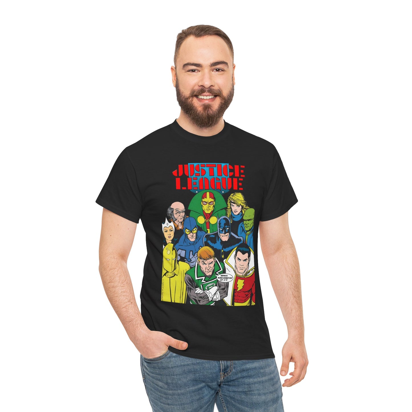 Justice League International T-Shirt - Kevin Maguire Art - JLI - DC Comics - Blue Beetle, Dr Fate, Batman, Mr Miracle, Martian Manhunter - Guy Gardner
