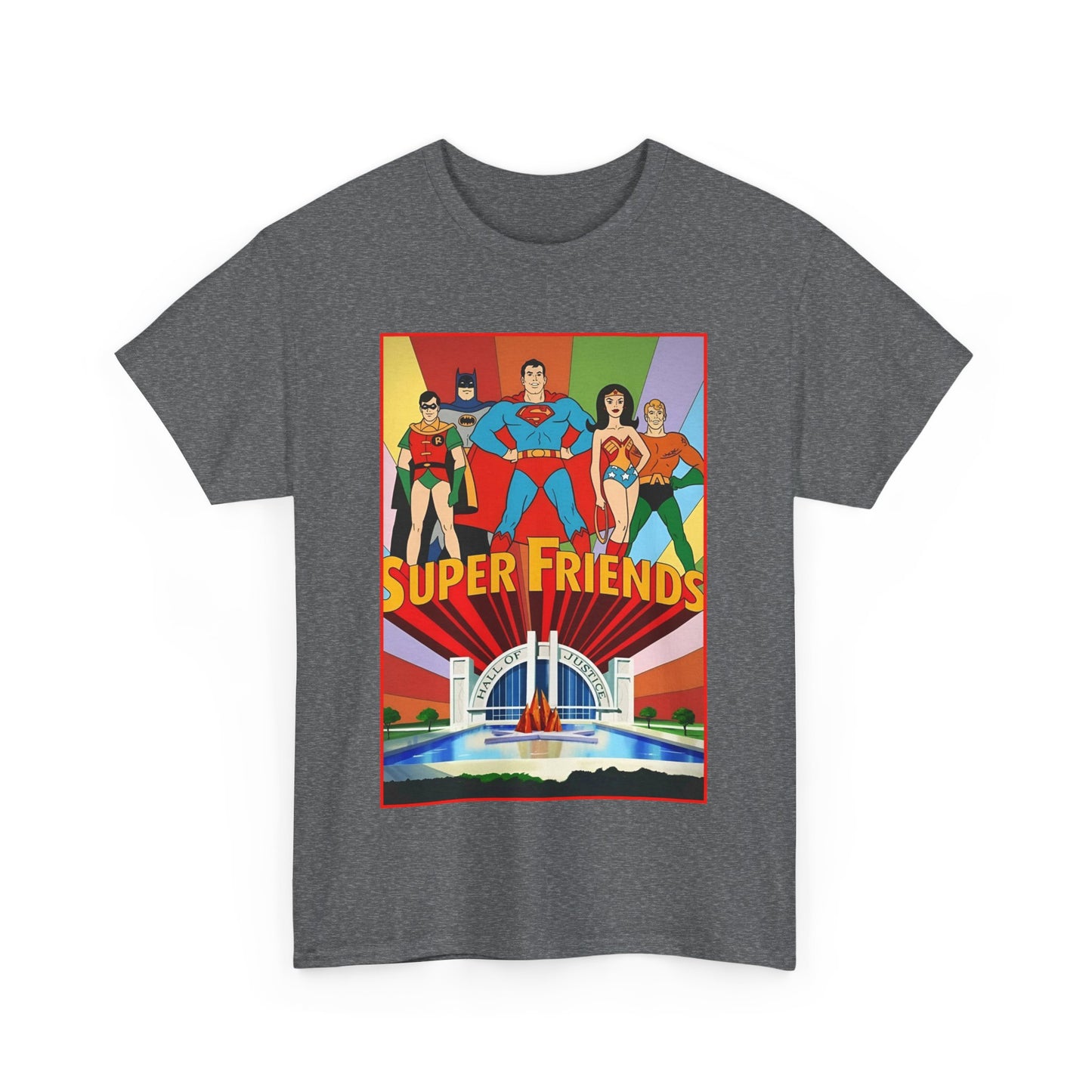 Super Friends T-Shirt - Batman, Superman, Wonder Woman, Robin - Hanna-Barbera Cartoon - DC Comics - Hall of Justice