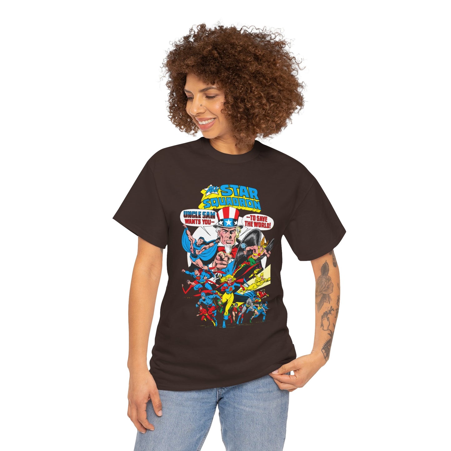 All-Star Squadron T-Shirt - Jerry Ordway Art - Uncle Sam, Hawkman, Superman, Liberty Belle, Black Condor, the Ray, Batman, Plastic Man - JSA Link - DC Comics