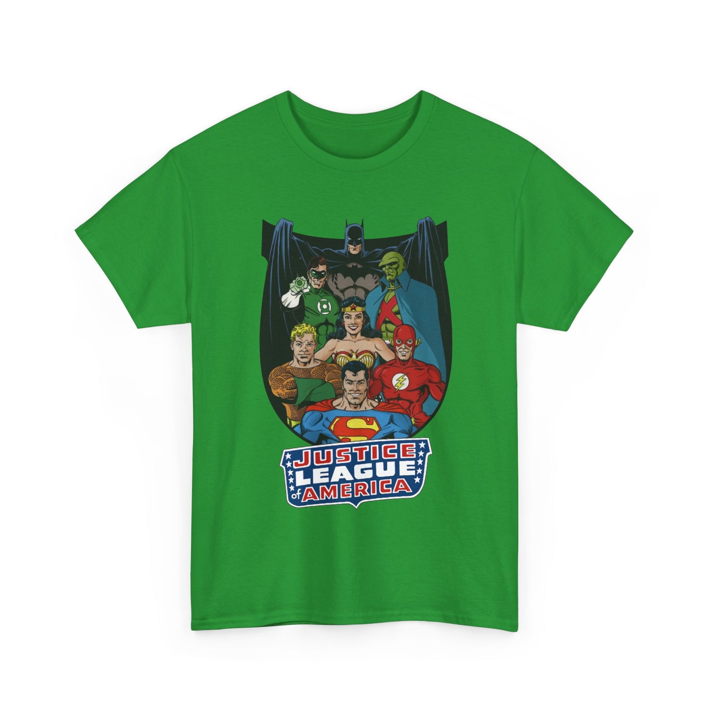 Justice League of America T-Shirt - George Perez Art - Superman, Wonder Woman, Batman, Aquaman, Martian Manhunter, Flash, Green Lantern - DC Comics