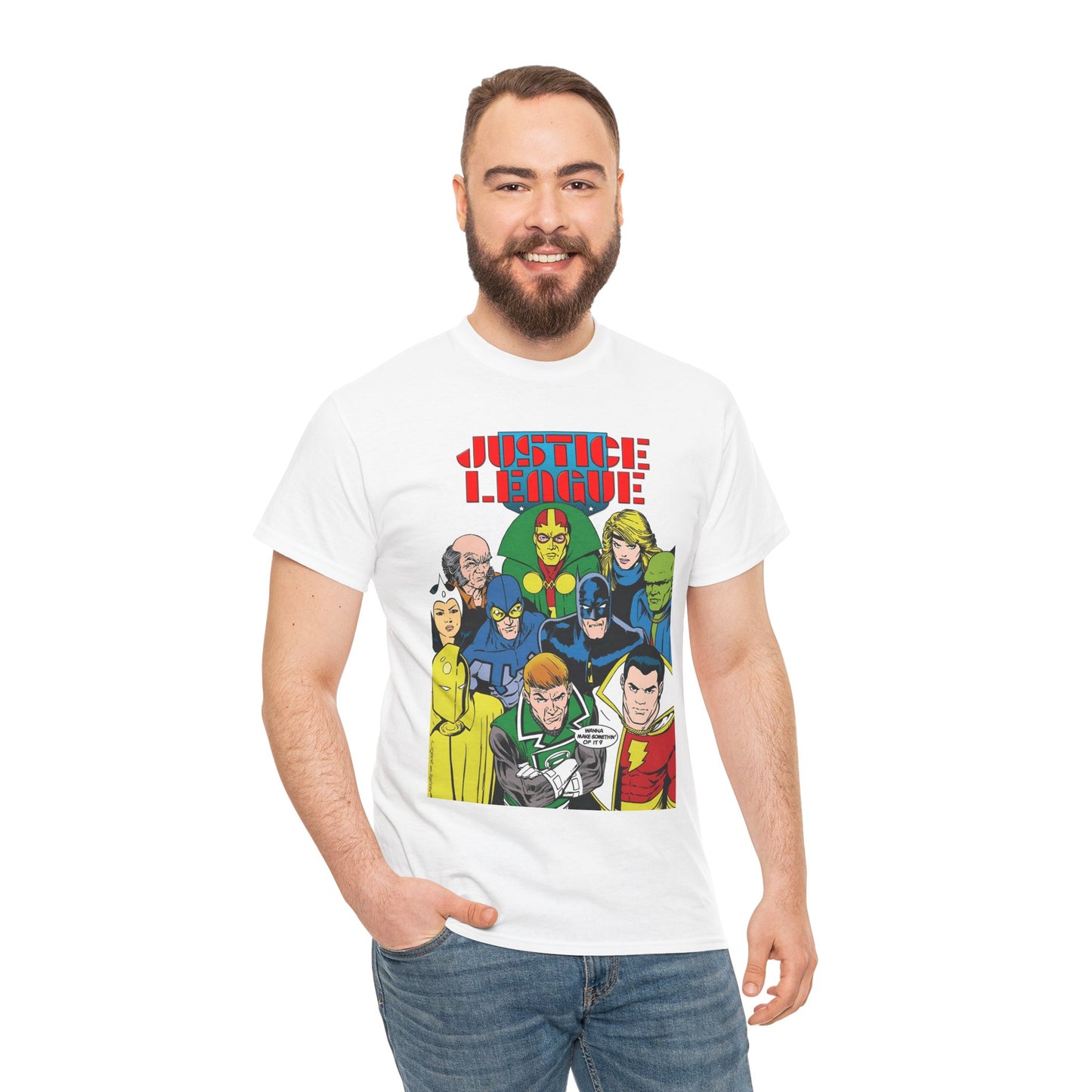 Justice League International T-Shirt - Kevin Maguire Art - JLI - DC Comics - Blue Beetle, Dr Fate, Batman, Mr Miracle, Martian Manhunter - Guy Gardner