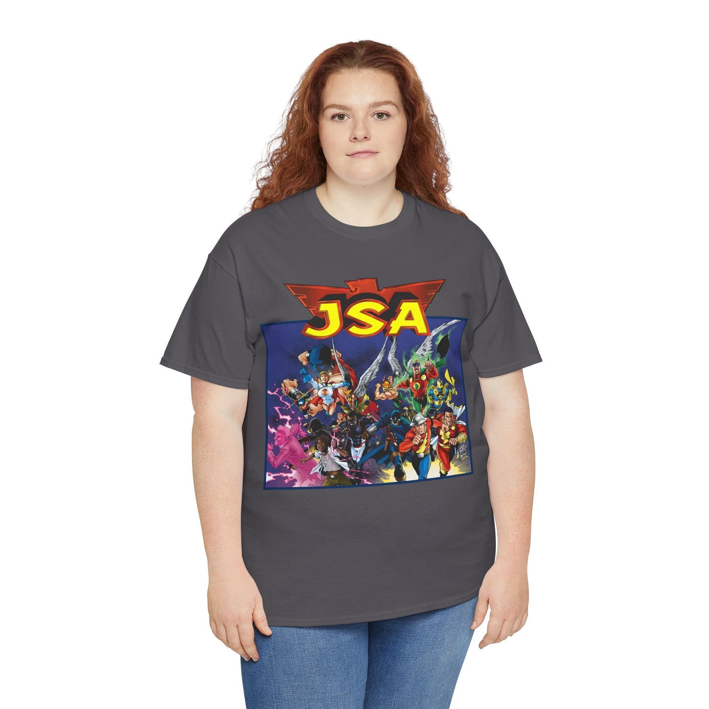 JSA T-Shirt - Carlos Pacheco Art - Green Lantern, Power Girl, Hawkgirl, Black Adam, Flash, Dr Fate, Hawkman - DC Comics - Justice Society of America