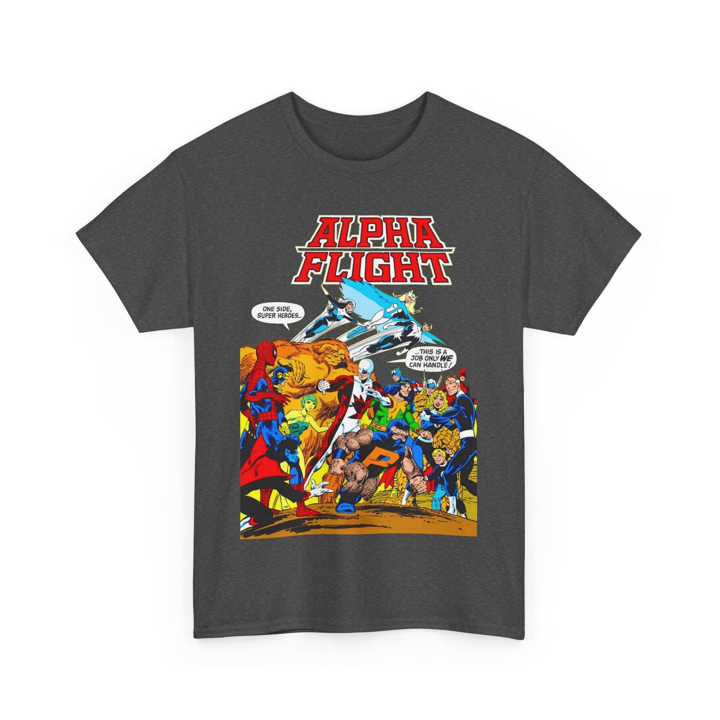 Alpha Flight T-Shirt - John Byrne Art - Sasquatch, Aurora, Northstar, Guardian, Puck, Shaman, Snowbird - Canada's Super Team - Marvel Comics