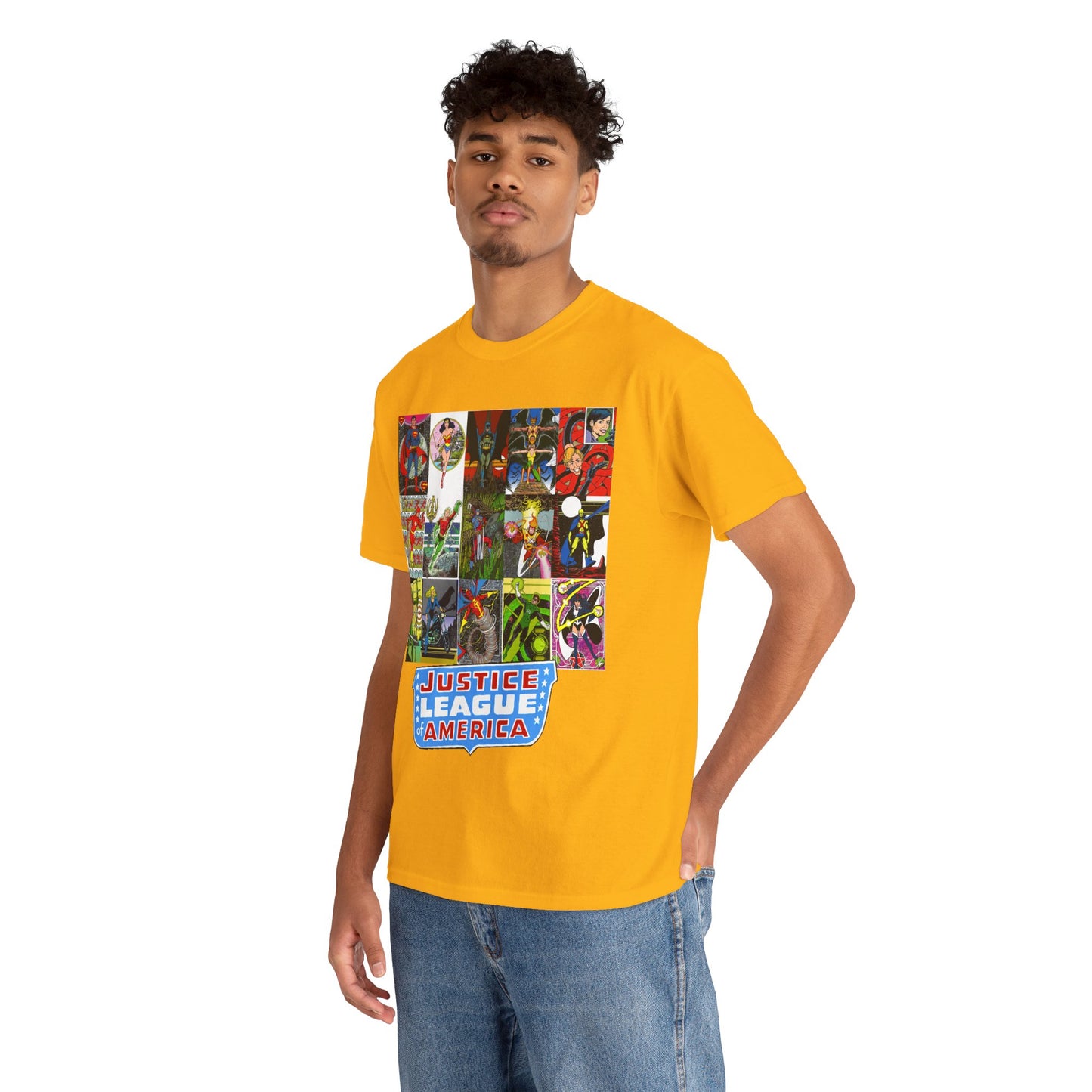 JLA Postcard T-Shirt - George Perez Art - Zatanna, Green Lantern, Flash, Batman, Hawkman, Wonder Woman, Firestorm - Justice League of America - DC Comics