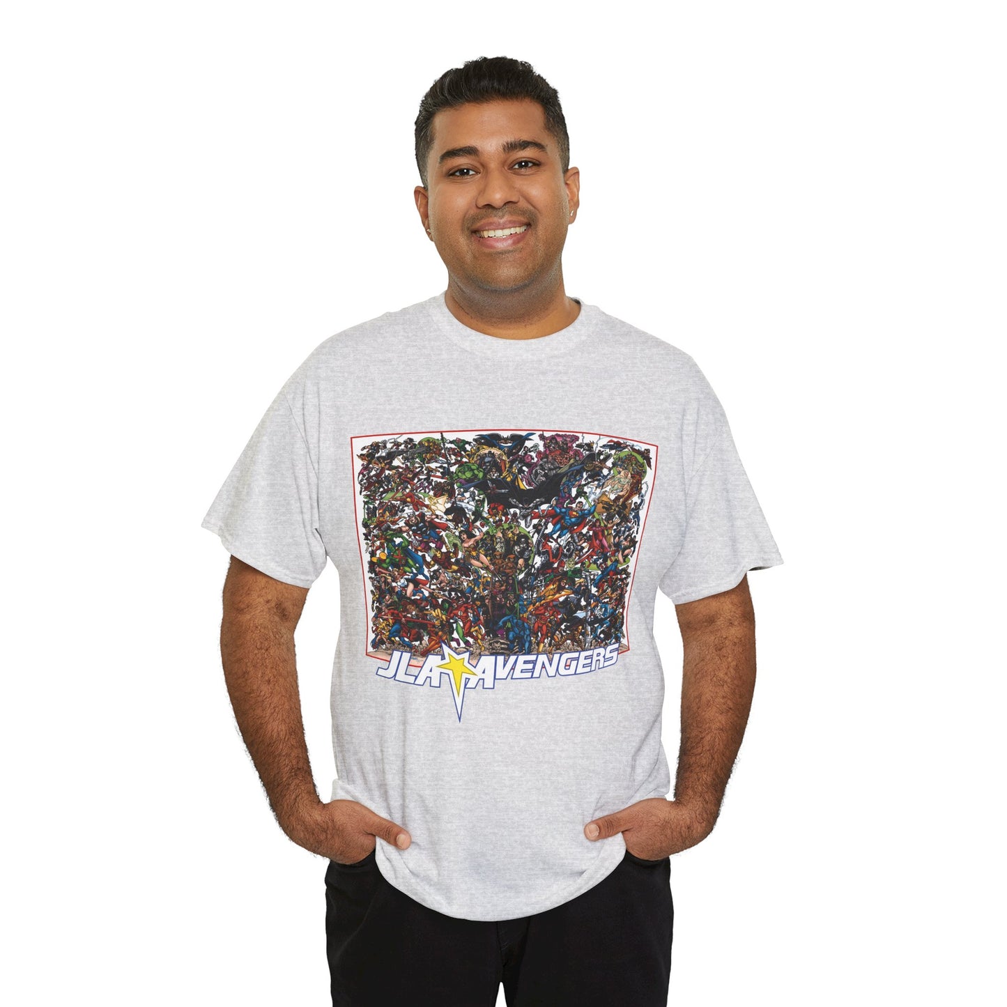 JLA Vs Avengers T-Shirt - Stunning, Classic George Perez Art - DC & Marvel 200s Crossover - Superman, Thor, Wonder Woman, Captain America, Flash, Black Panther, Iron Man, Batman