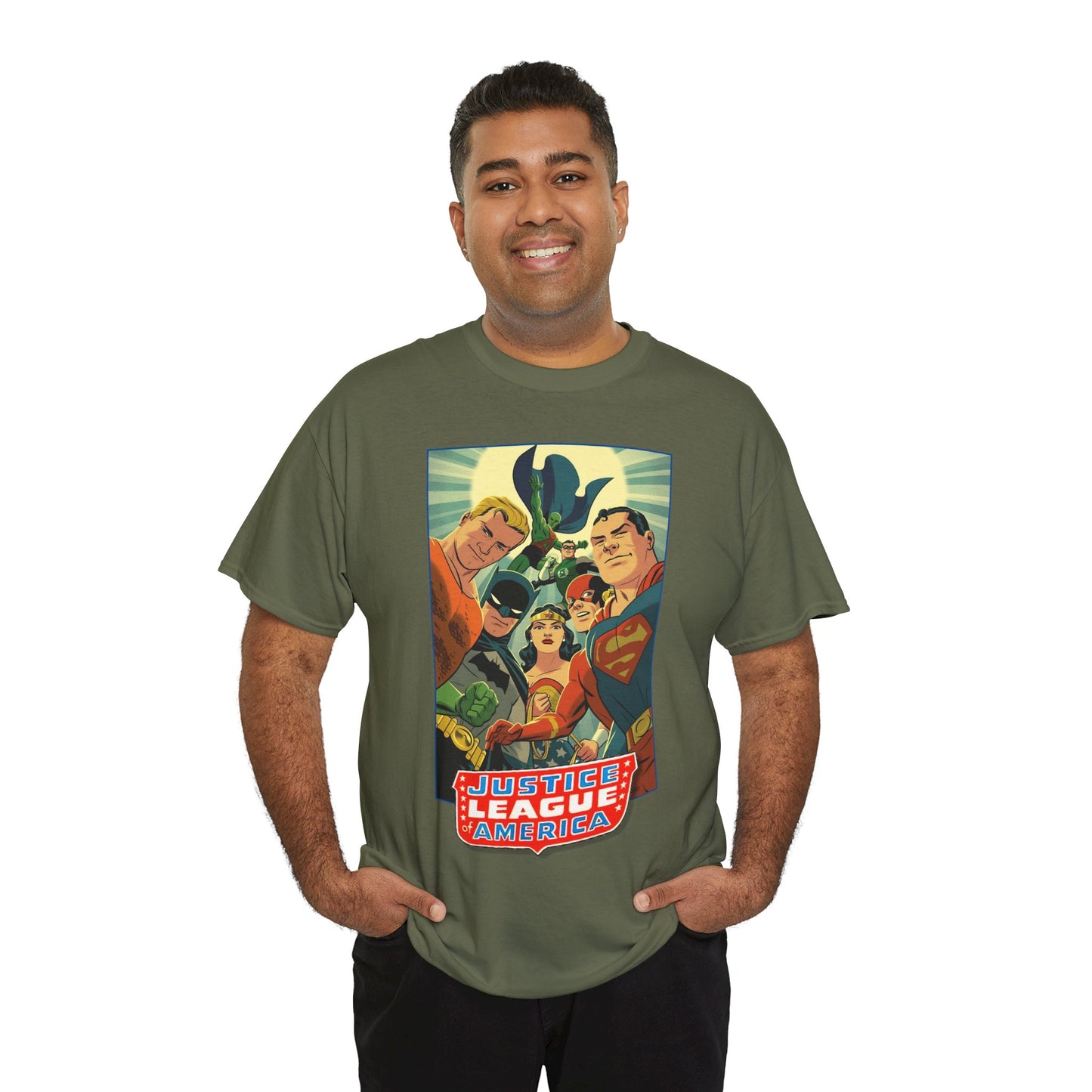 Justice League of America T-Shirt - Michael Cho Art - Superman, Flash, Wonder Woman, Green Lantern, Batman, Martian Manhunter - Silver Age Team - DC Comics