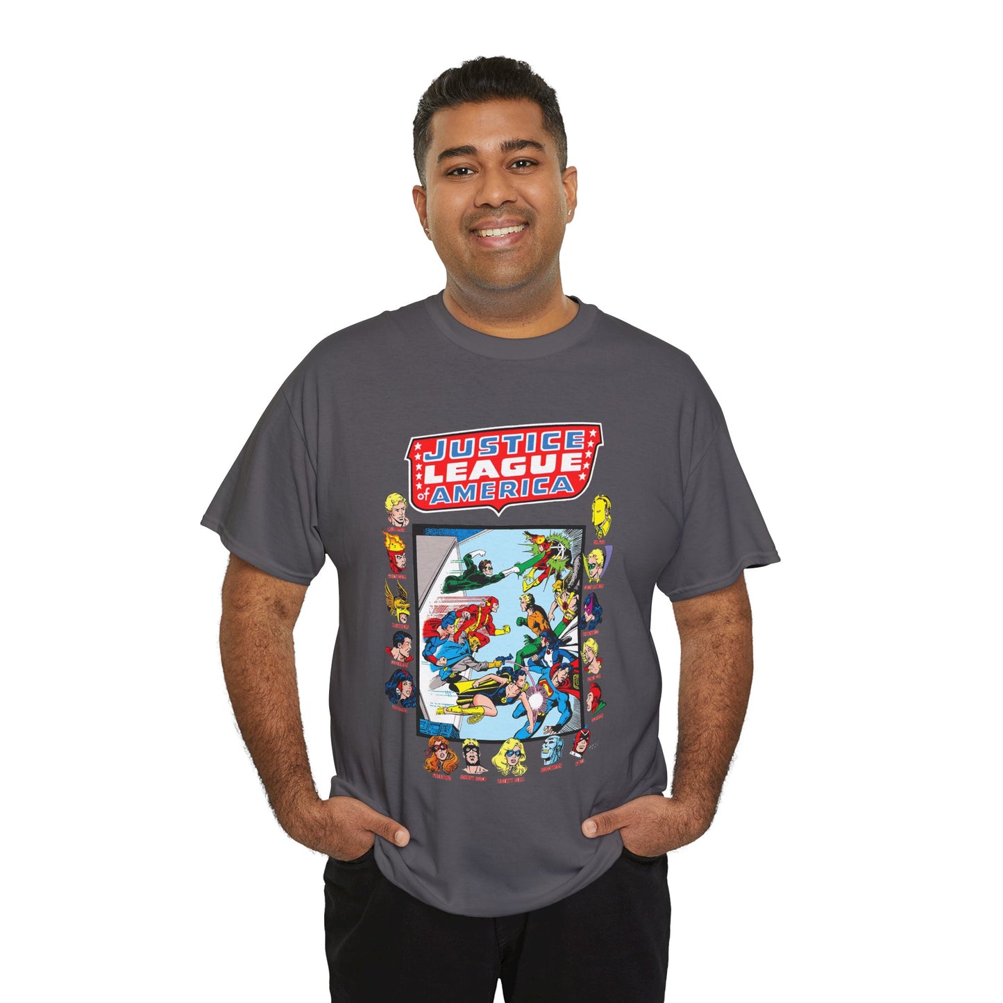 JLA & JSA T-Shirt - George Perez Art - All-Star Squadron - Firestorm, Huntress, Starman, Zatanna, Liberty Belle, Superman, Robotman, Firebrand, Dr Fate - DC Comics