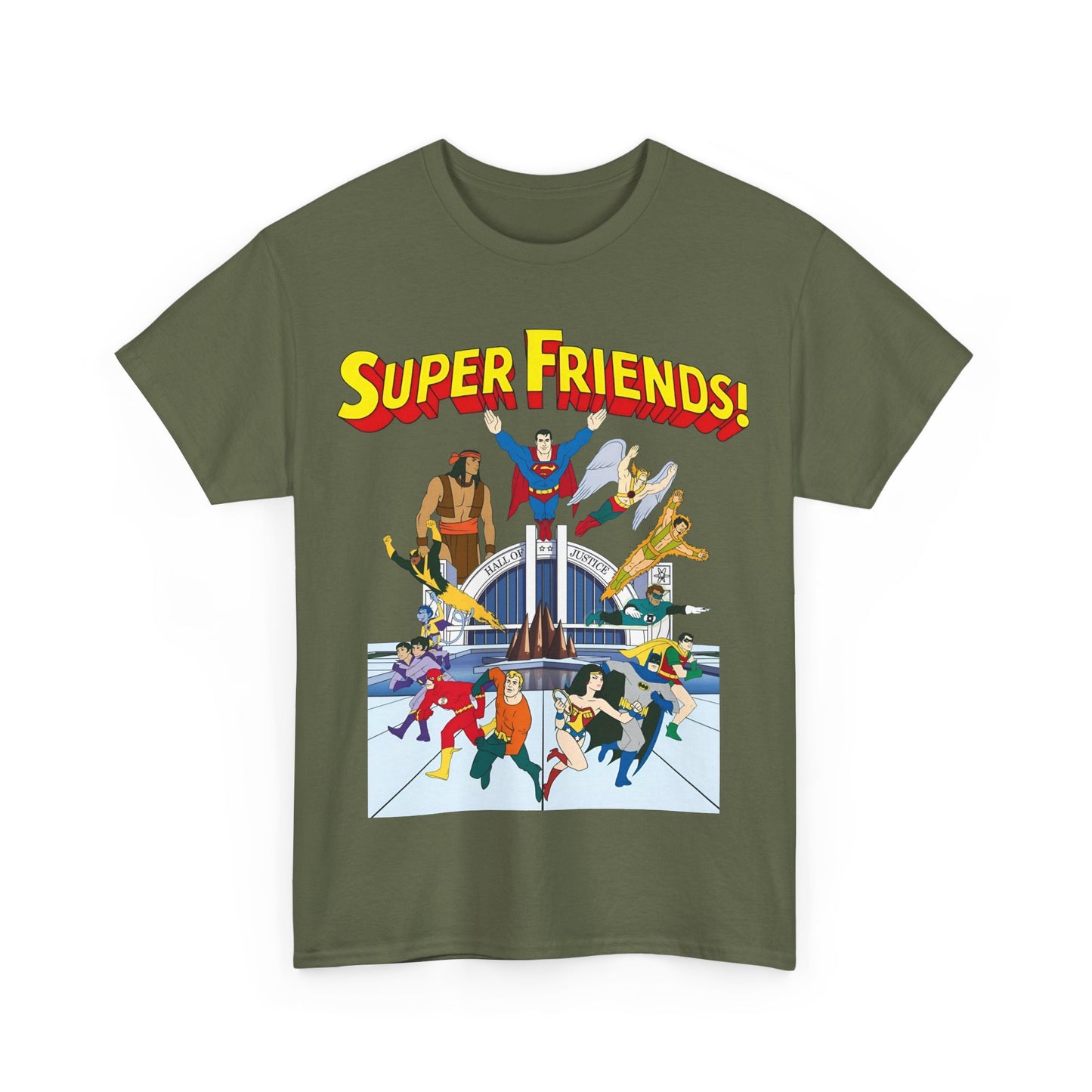 Super Friends T-Shirt - DC Hanna-Barbera - Superman, Wonder Woman, Black Vulcan, Batman, The Wonder Twins, Apache Chief, Hall of Justice