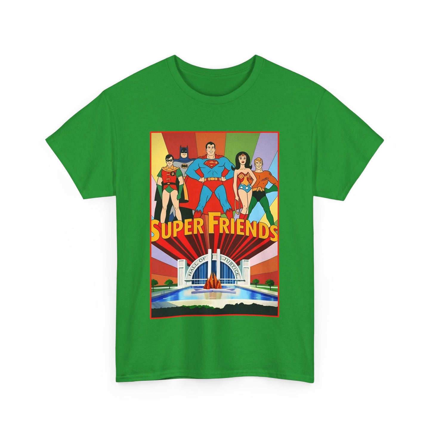 Super Friends T-Shirt - Batman, Superman, Wonder Woman, Robin - Hanna-Barbera Cartoon - DC Comics - Hall of Justice