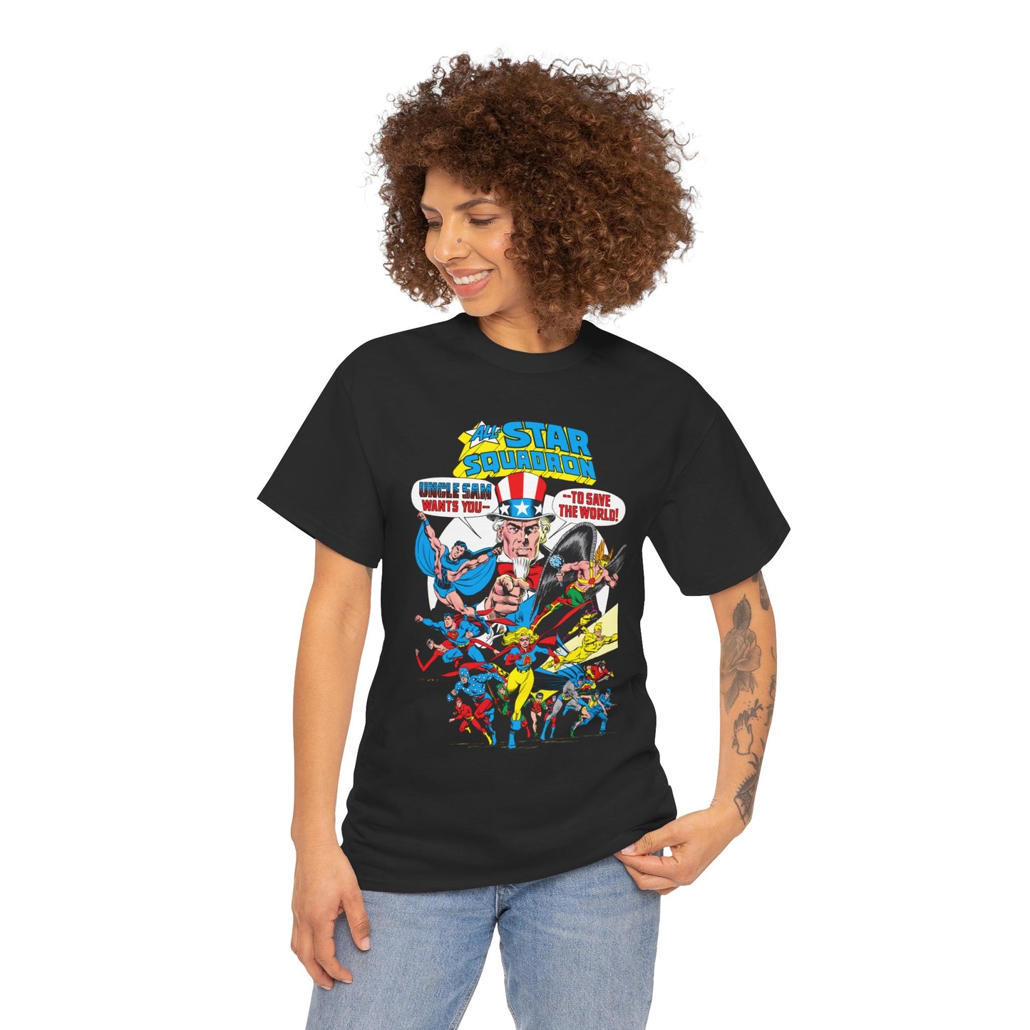 All-Star Squadron T-Shirt - Jerry Ordway Art - Uncle Sam, Hawkman, Superman, Liberty Belle, Black Condor, the Ray, Batman, Plastic Man - JSA Link - DC Comics