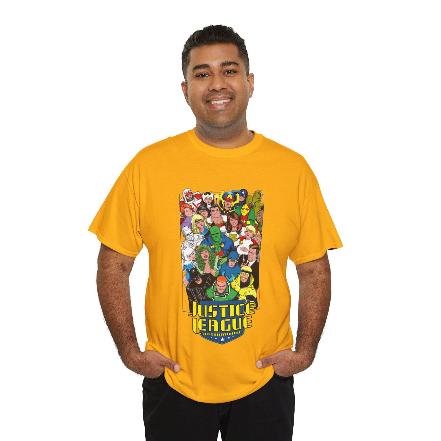 Justice League International T-Shirt - DC Comics - JLI - Kevin Maguire Art - Blue Beetle, Booster Gold, Martian Manhunter, Captain Atom