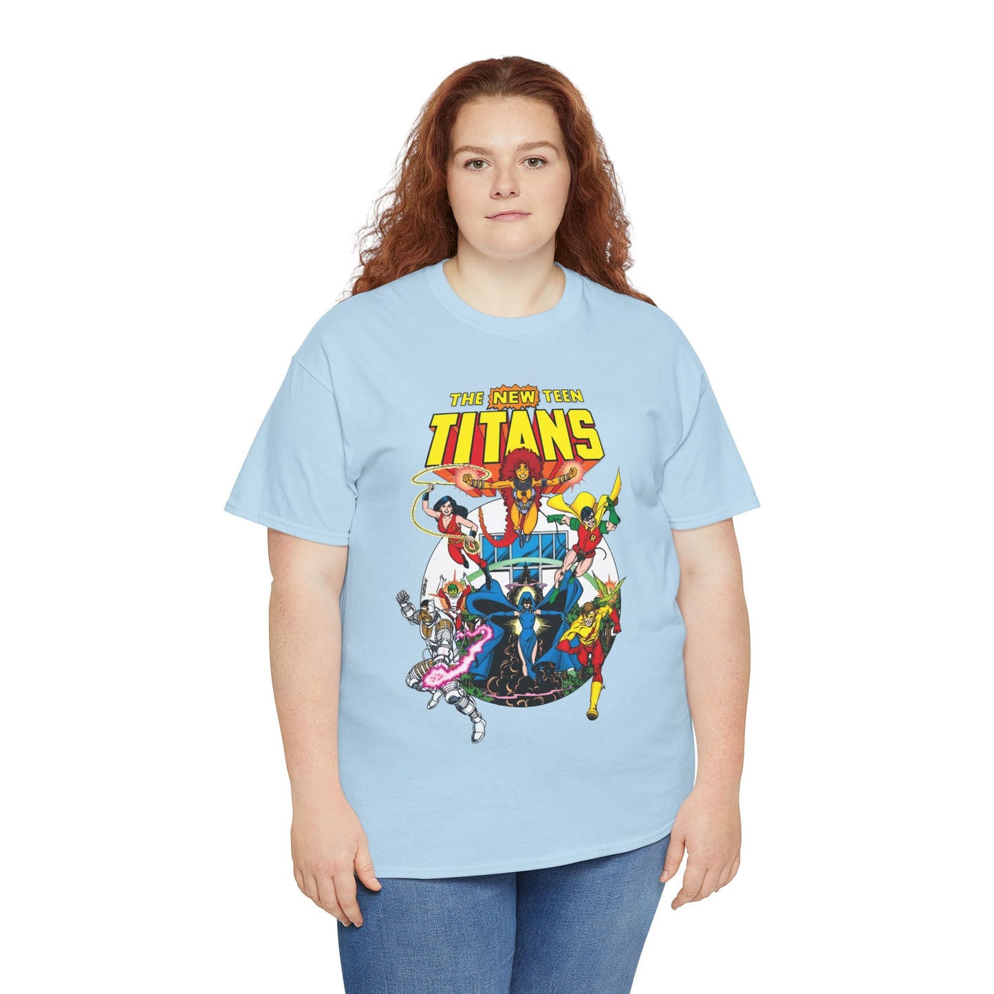New Teen Titans T-Shirt - Classic George Perez Art - Cyborg, Raven, Starfire, Robin, Wonder Girl, Changeling, Kid Flash - Titans Tower - Popular DC Comics 1980s Series