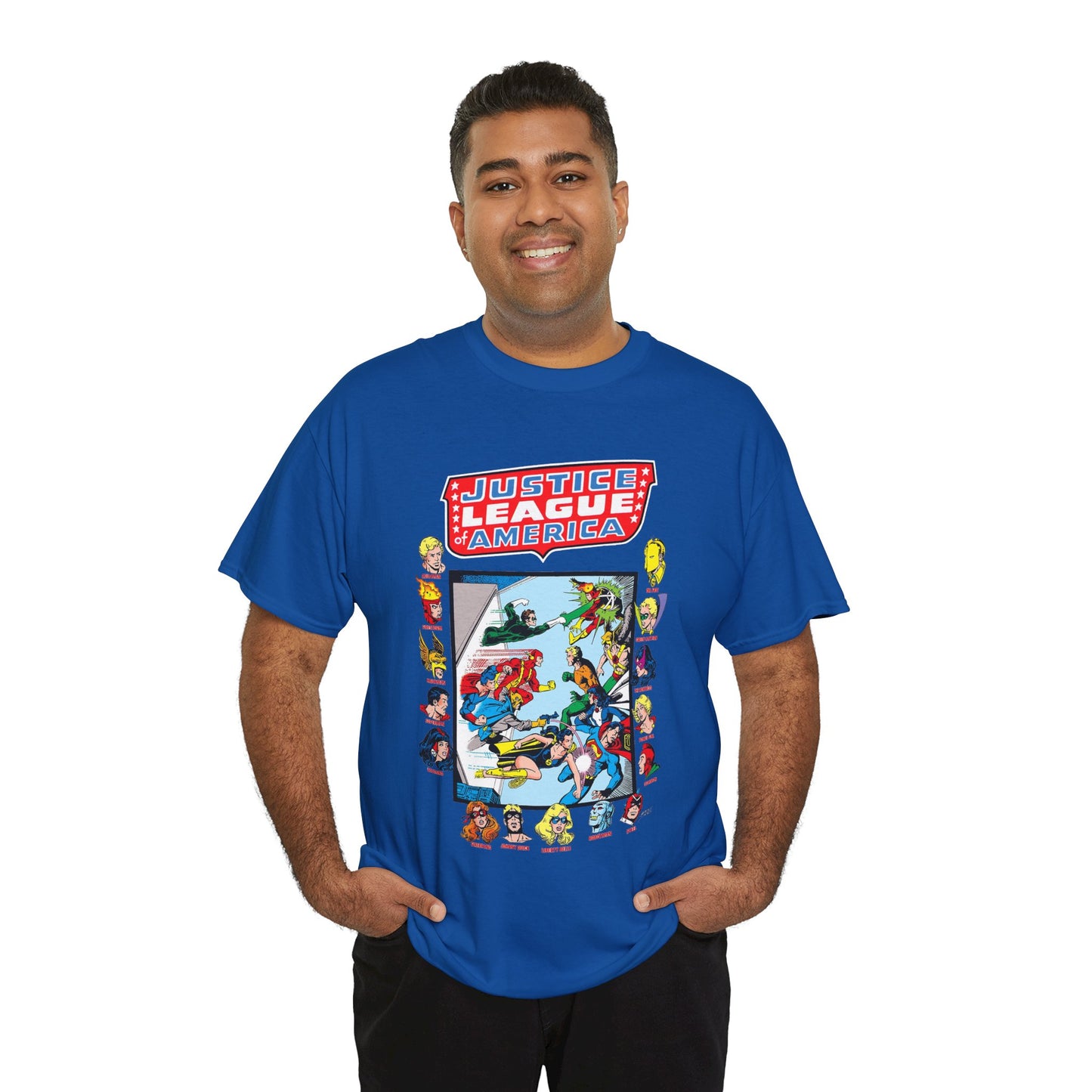 JLA & JSA T-Shirt - George Perez Art - All-Star Squadron - Firestorm, Huntress, Starman, Zatanna, Liberty Belle, Superman, Robotman, Firebrand, Dr Fate - DC Comics