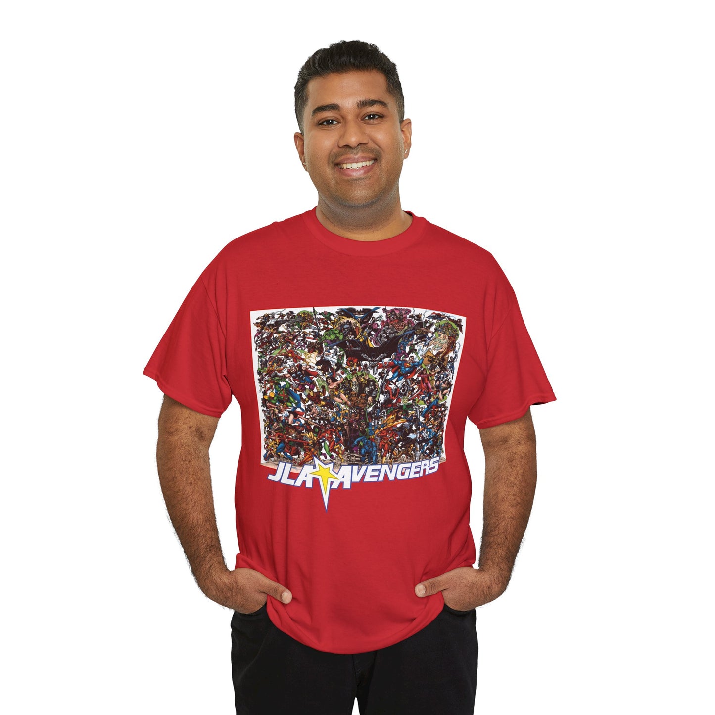 JLA Vs Avengers T-Shirt - Stunning, Classic George Perez Art - DC & Marvel 200s Crossover - Superman, Thor, Wonder Woman, Captain America, Flash, Black Panther, Iron Man, Batman
