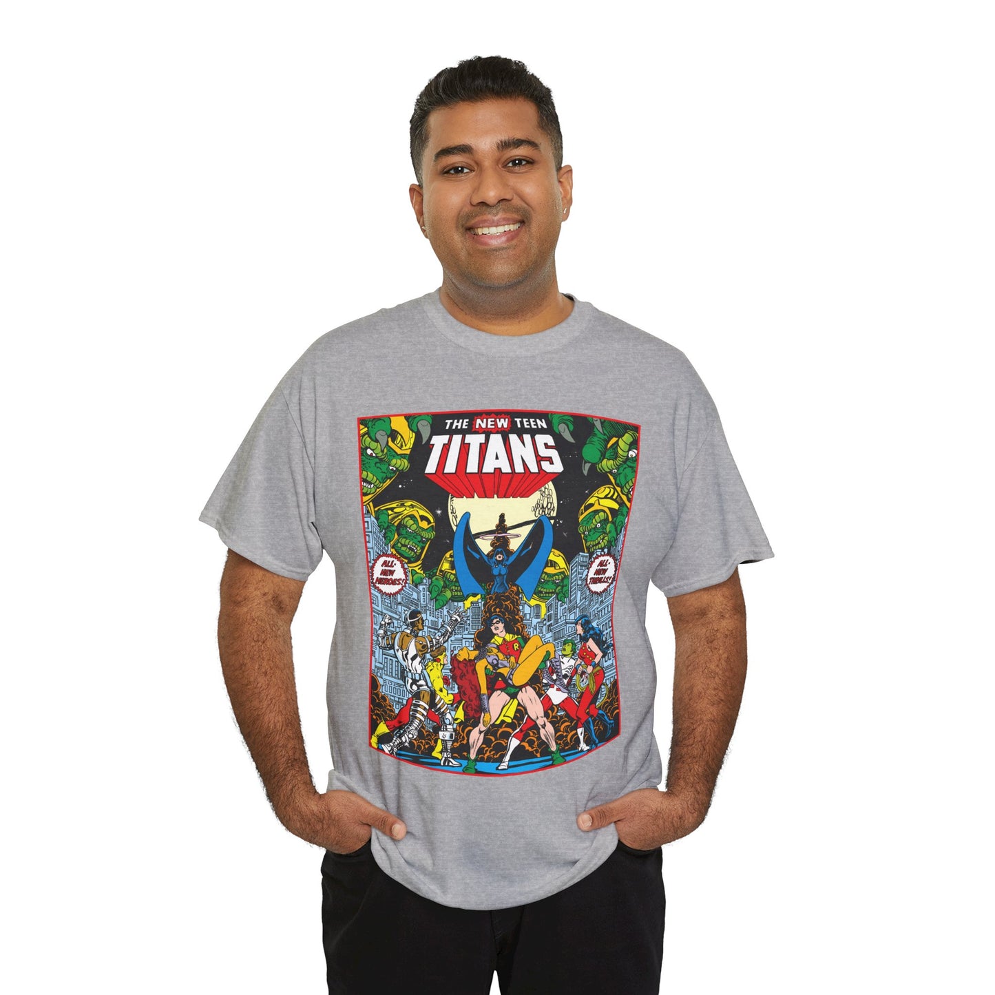 New Teen Titans T-Shirt - George Perez Art - #1 Splash Page - Robin, Starfire, Wonder Girl, Cyborg, Raven, Changeling, Kid Flash - DC Comics