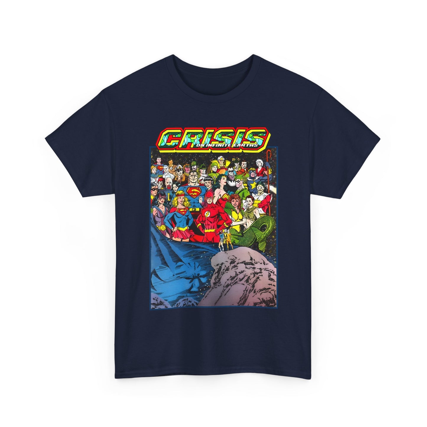 Crisis on Infinite Earths T-Shirt - George Perez Art - Supergirl, Flash, Huntress, Starman, Earth 3 Luthor, Lori Lemaris, Aquagirl, Earth 2 Robin - DC Comics
