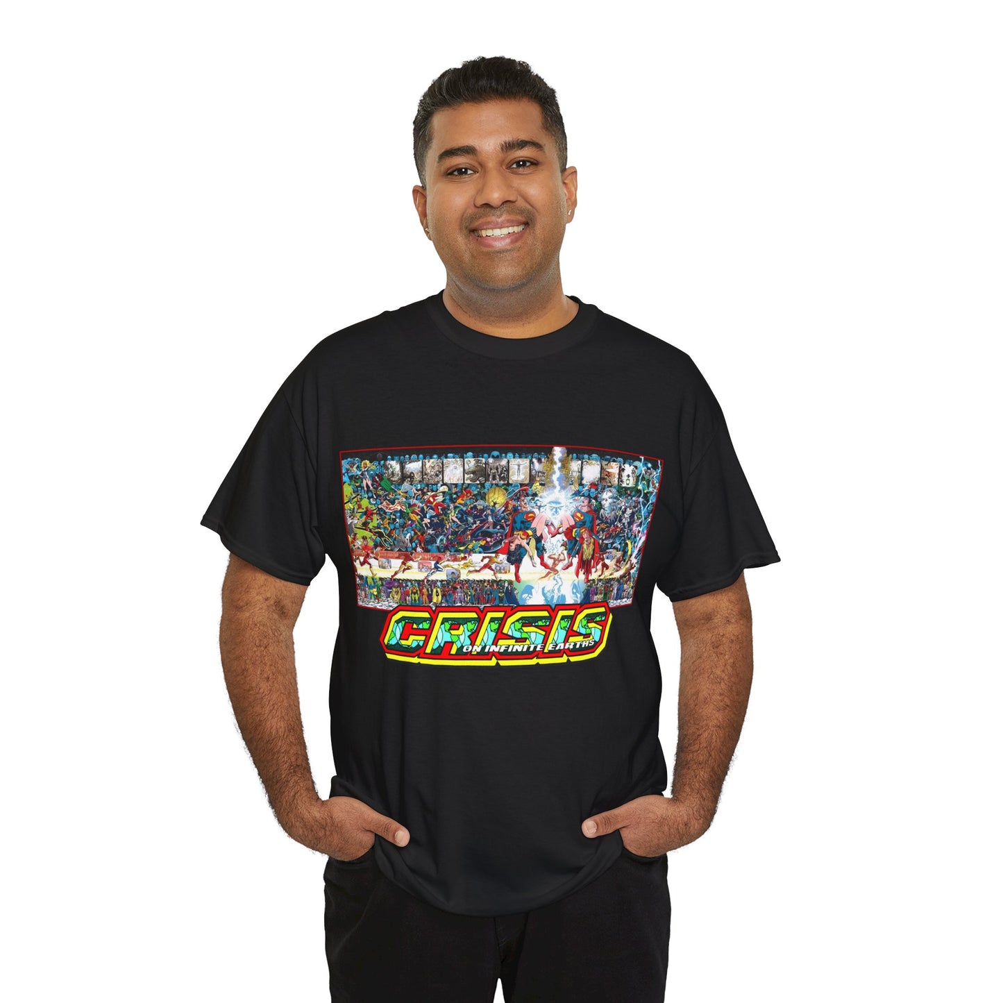 Crisis on Infinite Earths T-Shirt - Jerry Ordway/George Perez Art - Updated 2025 Poster Art - Superman, Wonder Woman, Supergirl, Flash, Harbinger, Pariah, Obsidian, Firestorm - DC Comics