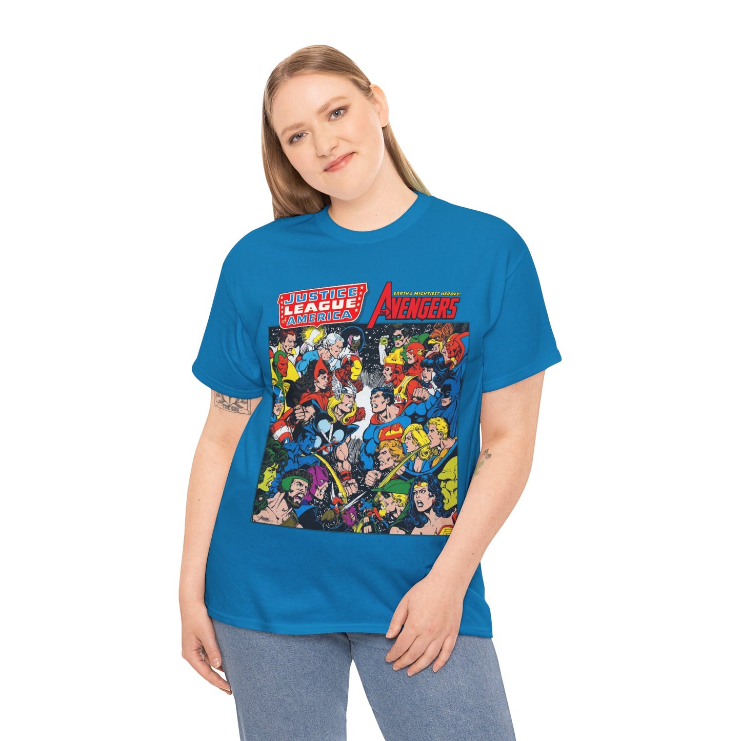 Justice League/Avengers T-Shirt - DC & Marvel Comics Art - George Perez - JLA - Batman, Captain America, Iron Man, Green Lantern