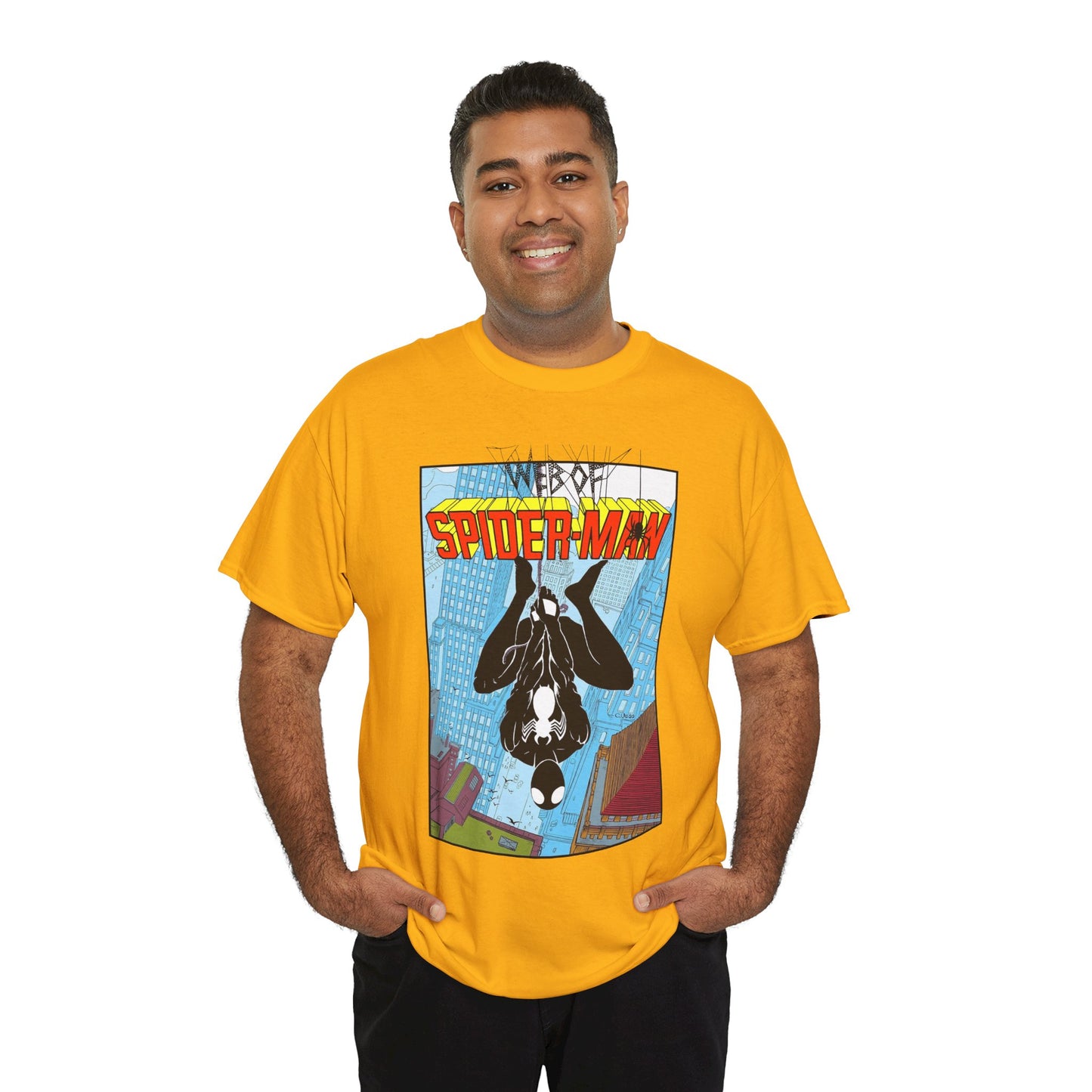 Web of Spider-Man T-Shirt - Charles Vess Art - Peter Parker, Web Slinger - Manhattan Skyline - Spidey Black Suit - Marvel Comics