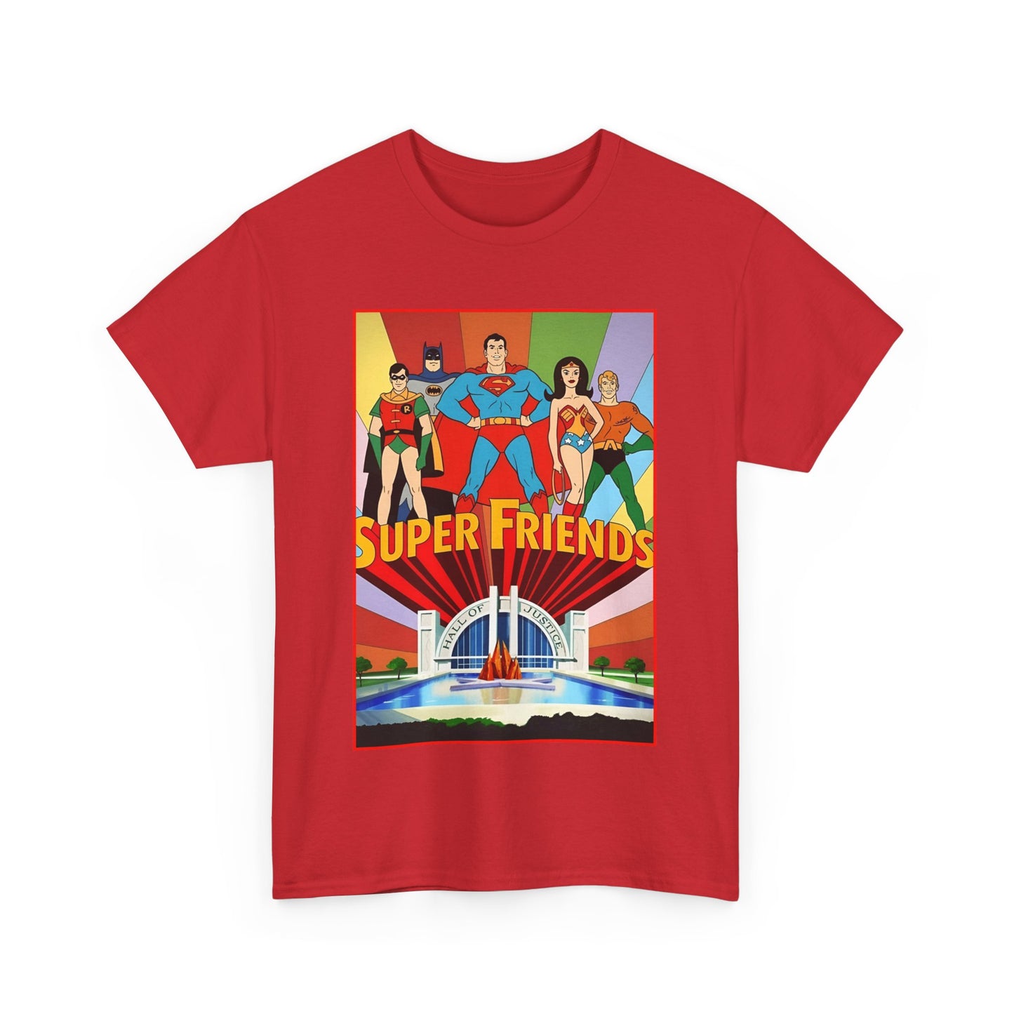 Super Friends T-Shirt - Batman, Superman, Wonder Woman, Robin - Hanna-Barbera Cartoon - DC Comics - Hall of Justice