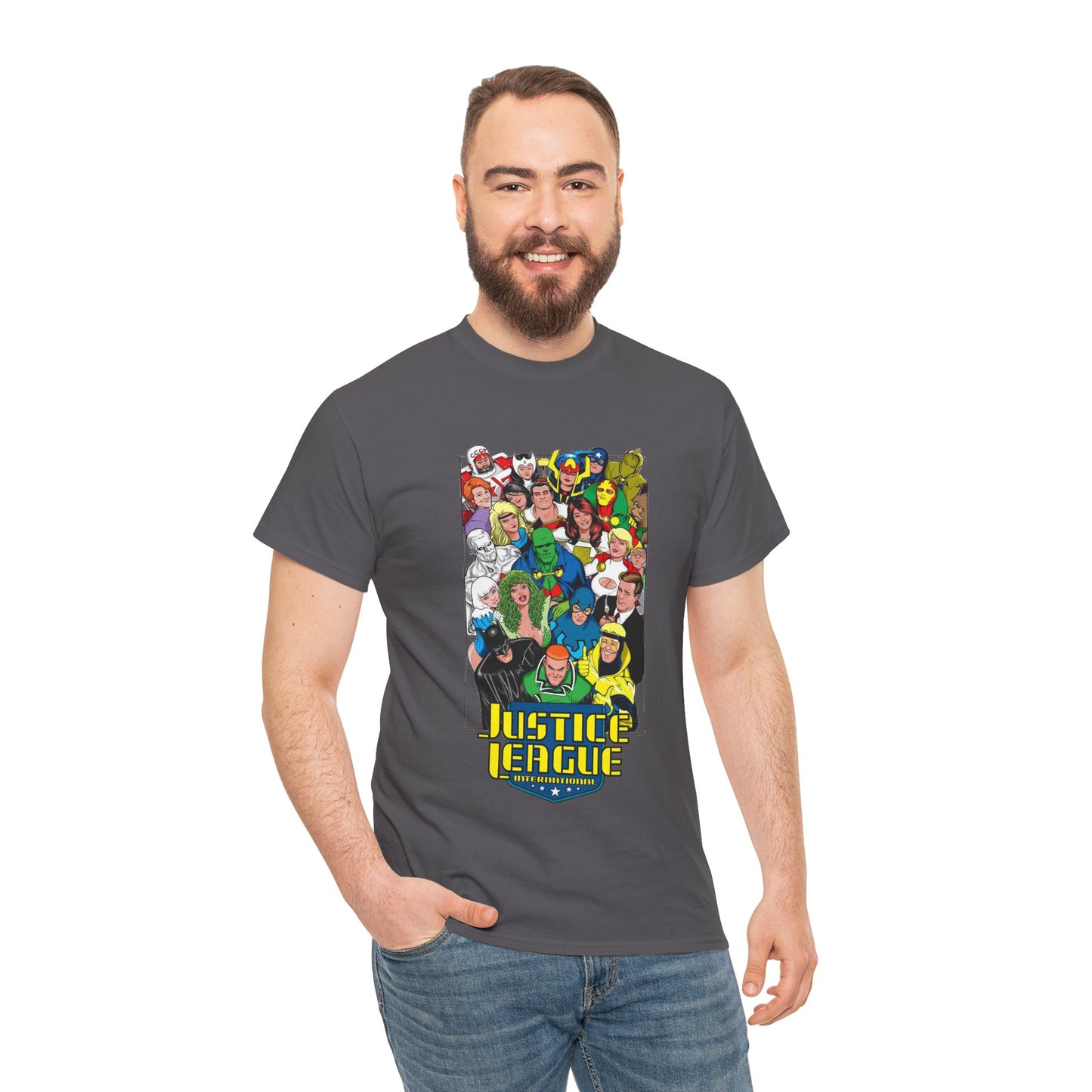 Justice League International T-Shirt - DC Comics - JLI - Kevin Maguire Art - Blue Beetle, Booster Gold, Martian Manhunter, Captain Atom