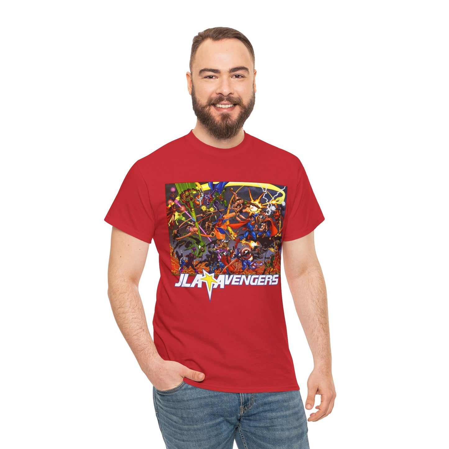 Avengers Vs JLA T-Shirt - Stunning George Perez Art - Marvel & DC Comics Crossover - Thor, Superman, Wonder Woman, Hercules, Iron Man, Batman, Black Canary, Scarlet Witch, Wonder Man, Martian Manhunter