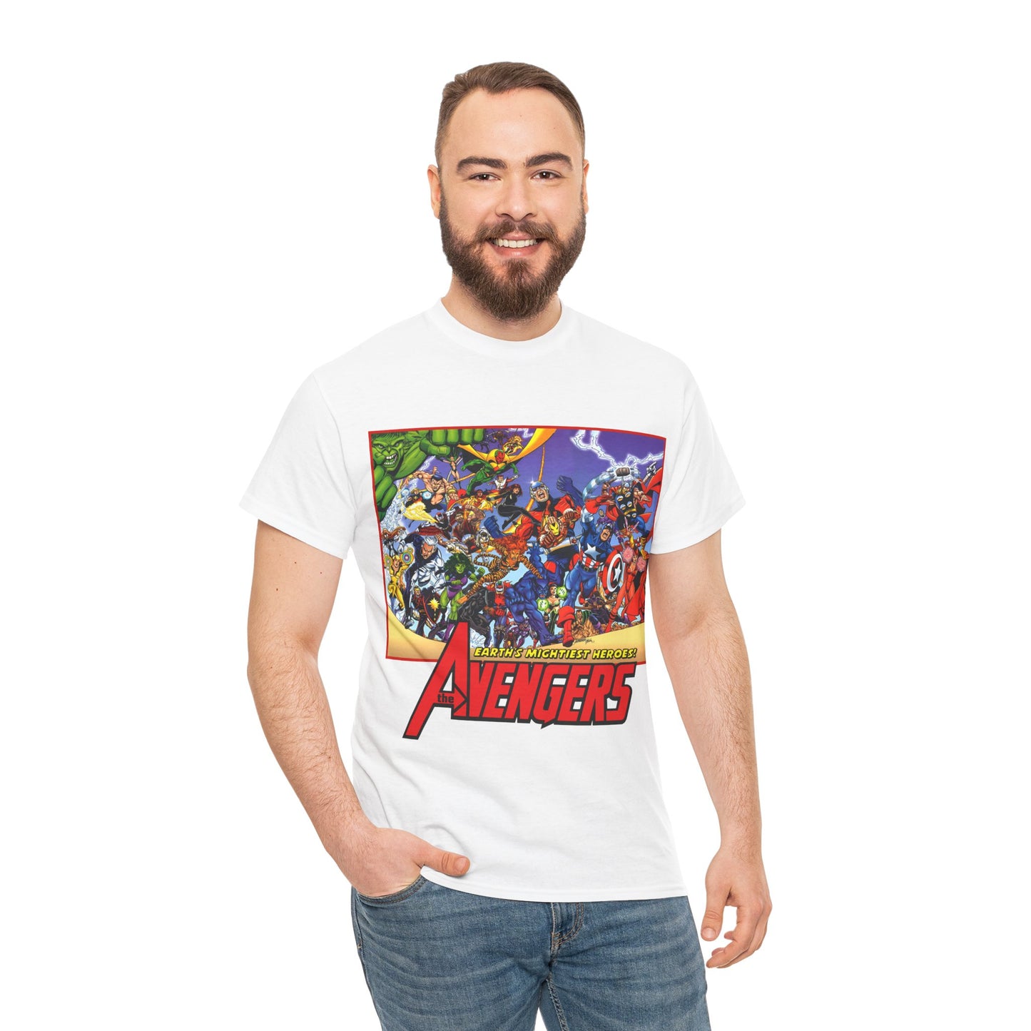 Avengers T-Shirt - George Perez Art - Marvel Comics - Captain America, Iron Man, Thor, She-Hulk, Hawkeye, Vision, Quicksilver - Classic Cover