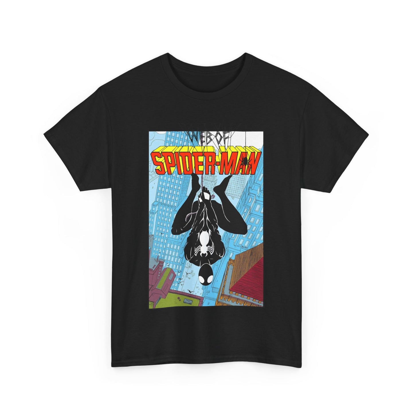 Web of Spider-Man T-Shirt - Charles Vess Art - Peter Parker, Web Slinger - Manhattan Skyline - Spidey Black Suit - Marvel Comics