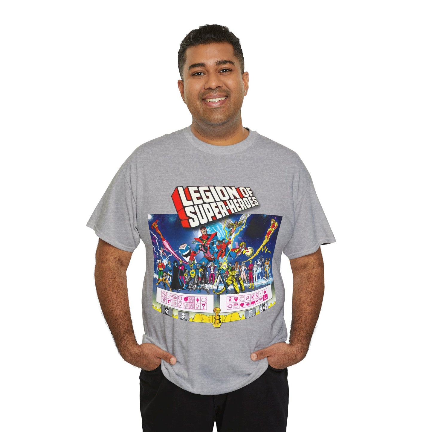 Legion of Super-Heroes T-Shirt - Gorgeous George Perez Art - History of the DC Universe - Lightning Lad, Timber Wolf, Wildfire, Sun Boy, Chamelon Boy - DC Comics