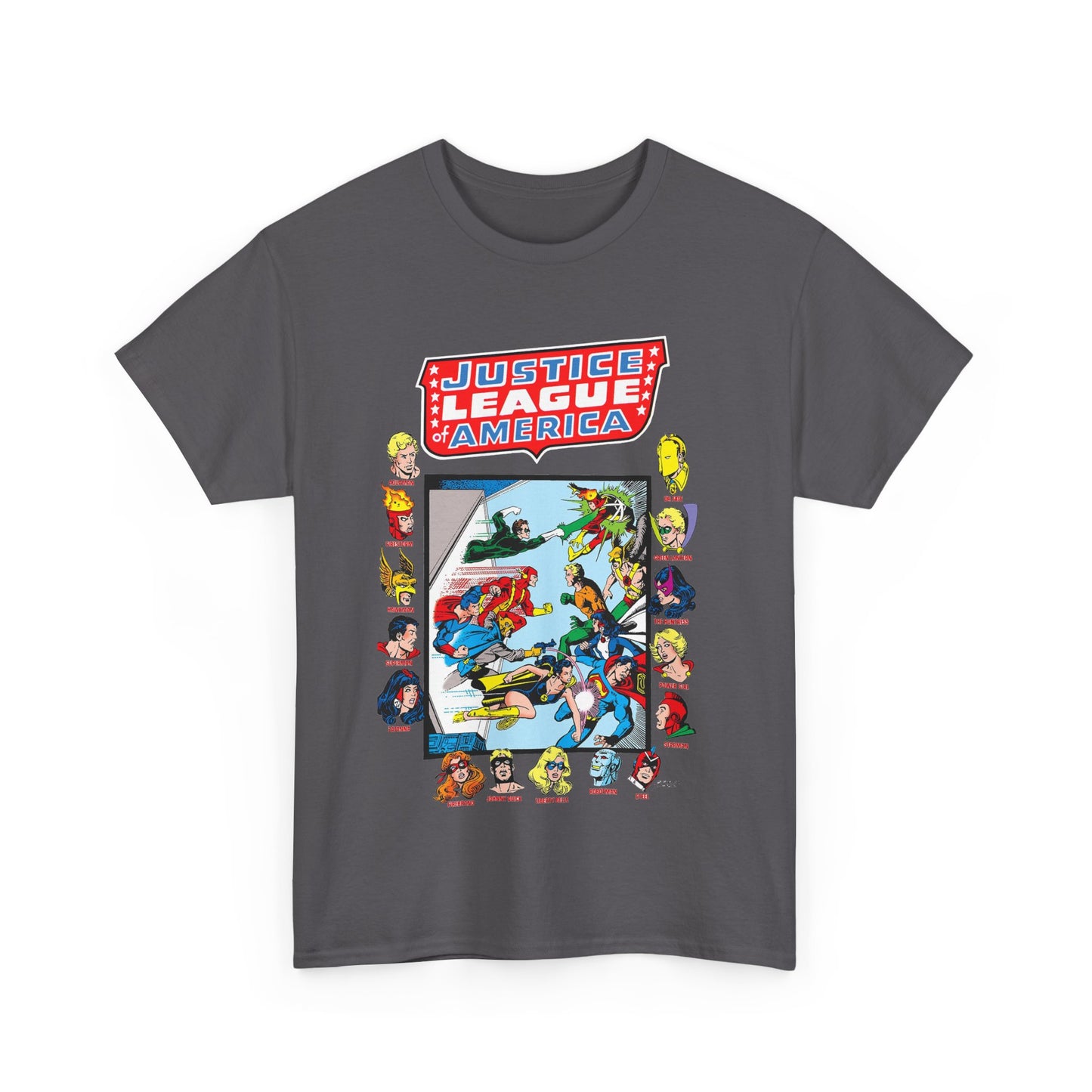 JLA & JSA T-Shirt - George Perez Art - All-Star Squadron - Firestorm, Huntress, Starman, Zatanna, Liberty Belle, Superman, Robotman, Firebrand, Dr Fate - DC Comics