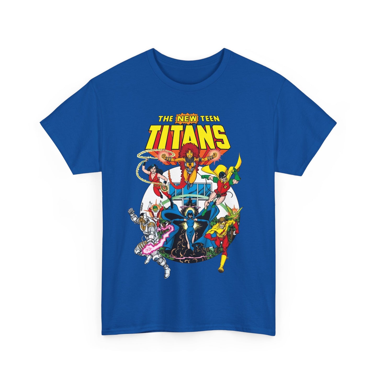New Teen Titans T-Shirt - Classic George Perez Art - Cyborg, Raven, Starfire, Robin, Wonder Girl, Changeling, Kid Flash - Titans Tower - Popular DC Comics 1980s Series