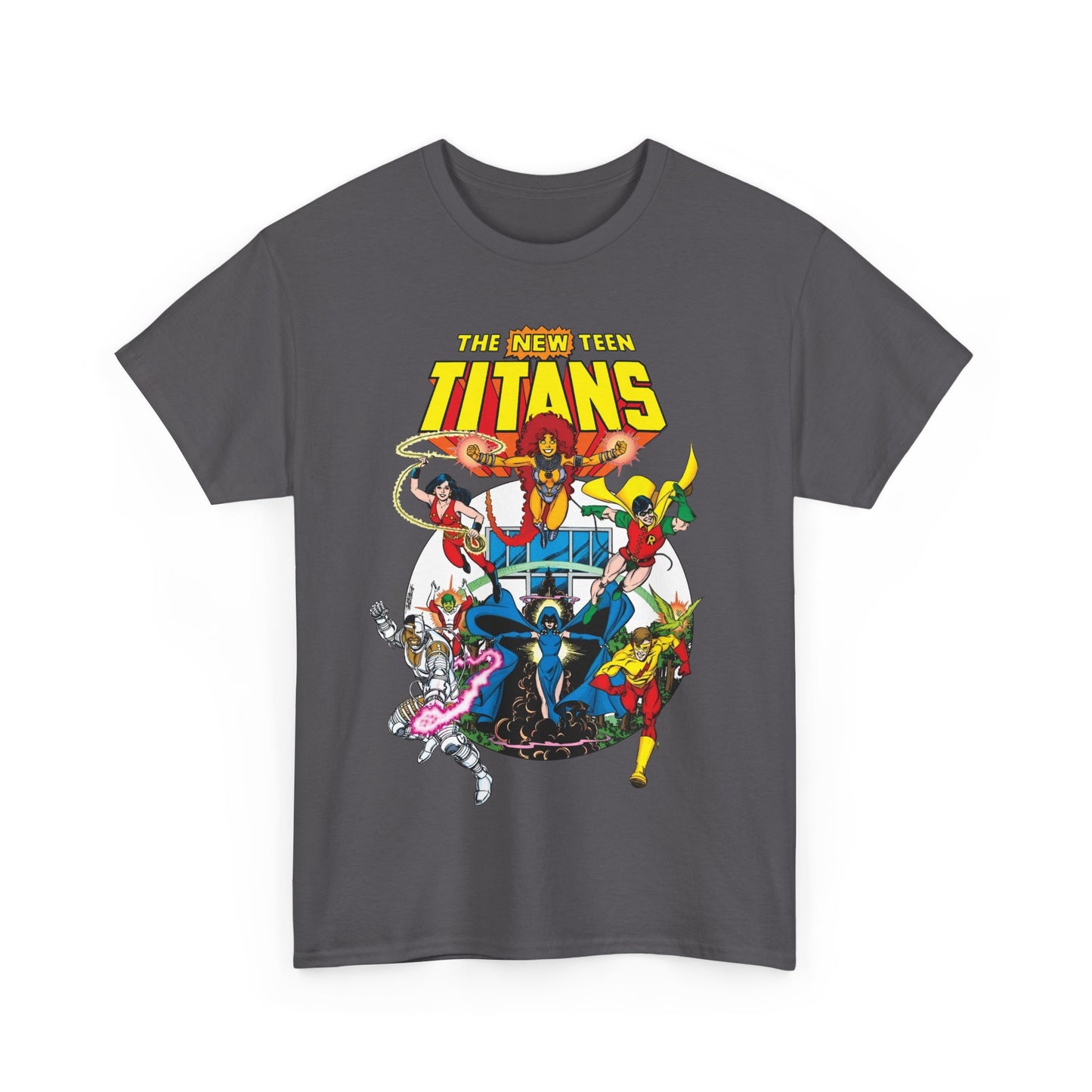 New Teen Titans T-Shirt - Classic George Perez Art - Cyborg, Raven, Starfire, Robin, Wonder Girl, Changeling, Kid Flash - Titans Tower - Popular DC Comics 1980s Series
