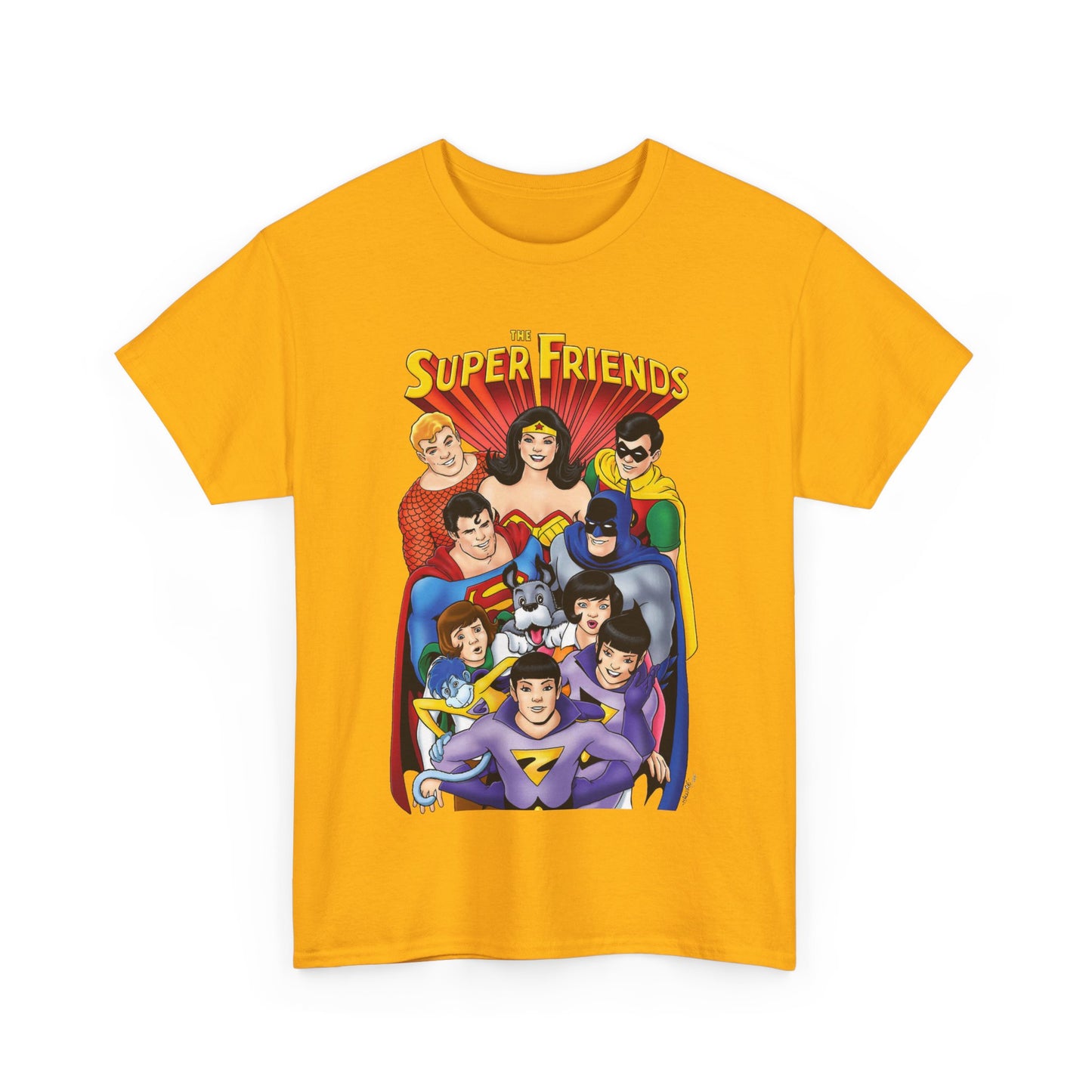 Super Friends T-Shirt - Kevin Maguire Art - Wonder Twins, Gleek, Superman, Wonder Woman Batman - DC Comics - Based on 1970s Hanna-Barbera Cartoon