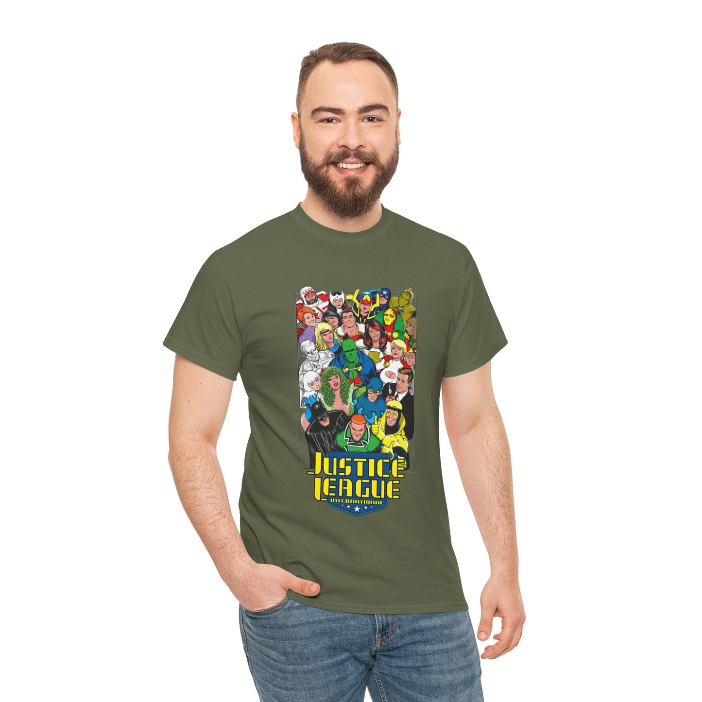 Justice League International T-Shirt - DC Comics - JLI - Kevin Maguire Art - Blue Beetle, Booster Gold, Martian Manhunter, Captain Atom