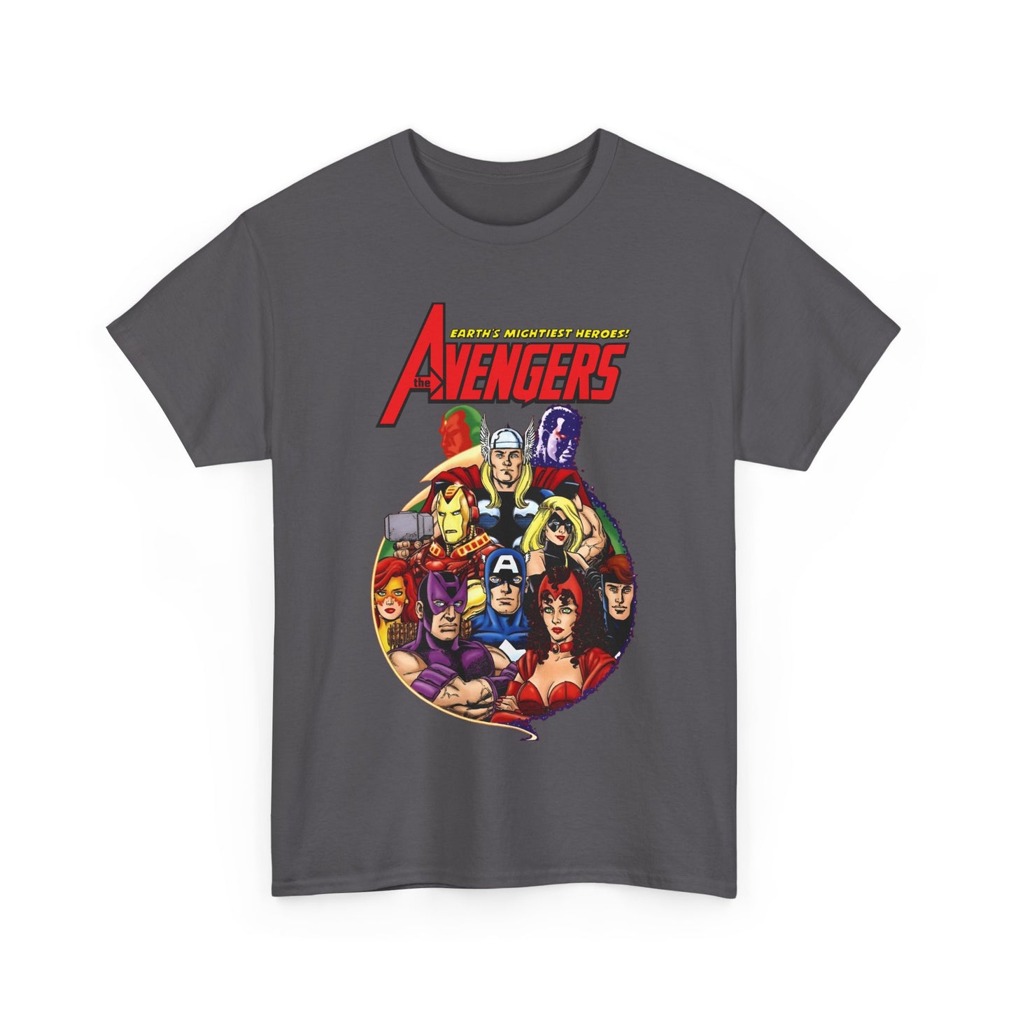 Avengers T-Shirt - George Perez Art - Captain America, Vision, Wonder Man, Iron Man, Thor, Hawkeye, Scarlet Witch - Popular Marvel Comics Characters