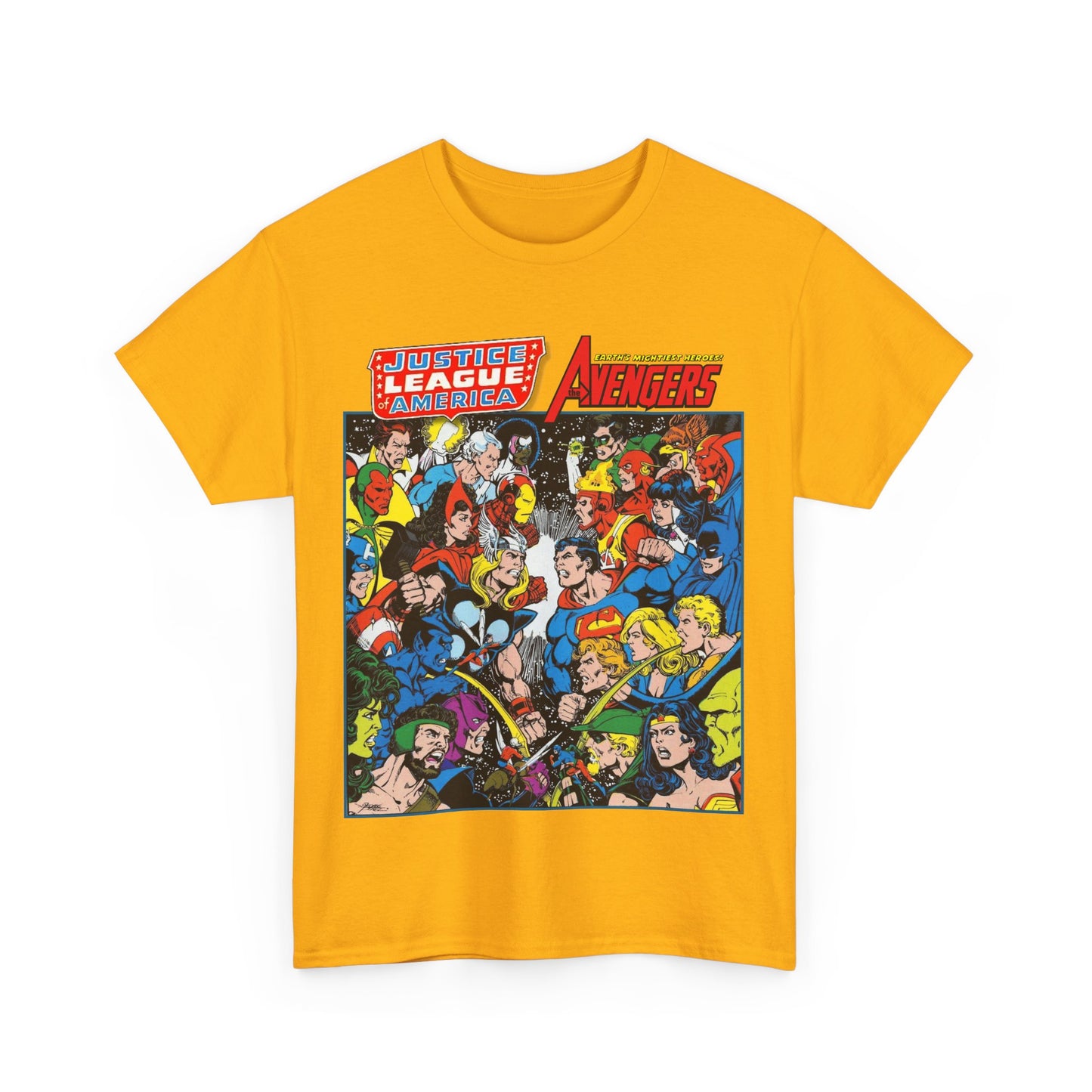 Justice League/Avengers T-Shirt - DC & Marvel Comics Art - George Perez - JLA - Batman, Captain America, Iron Man, Green Lantern