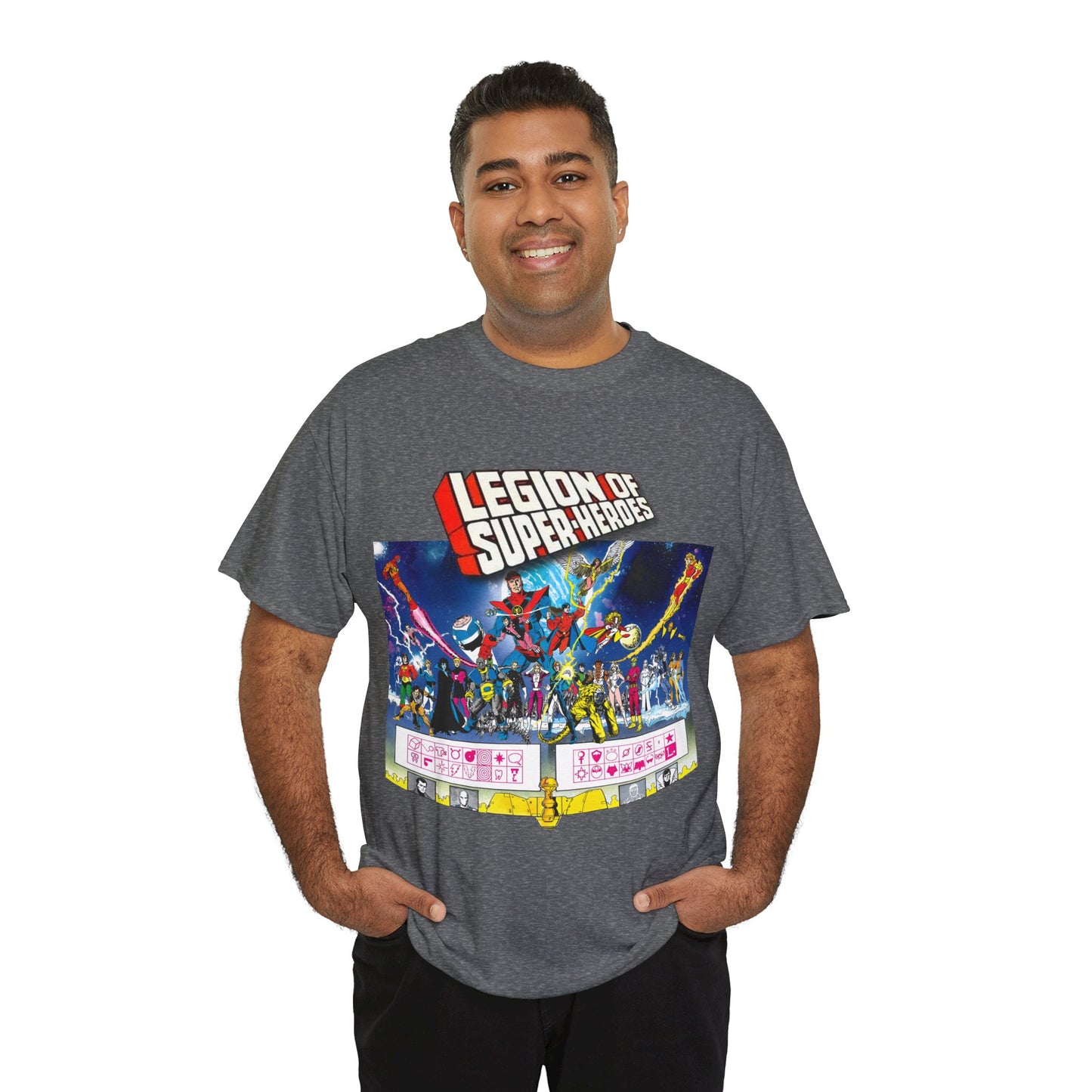 Legion of Super-Heroes T-Shirt - Gorgeous George Perez Art - History of the DC Universe - Lightning Lad, Timber Wolf, Wildfire, Sun Boy, Chamelon Boy - DC Comics