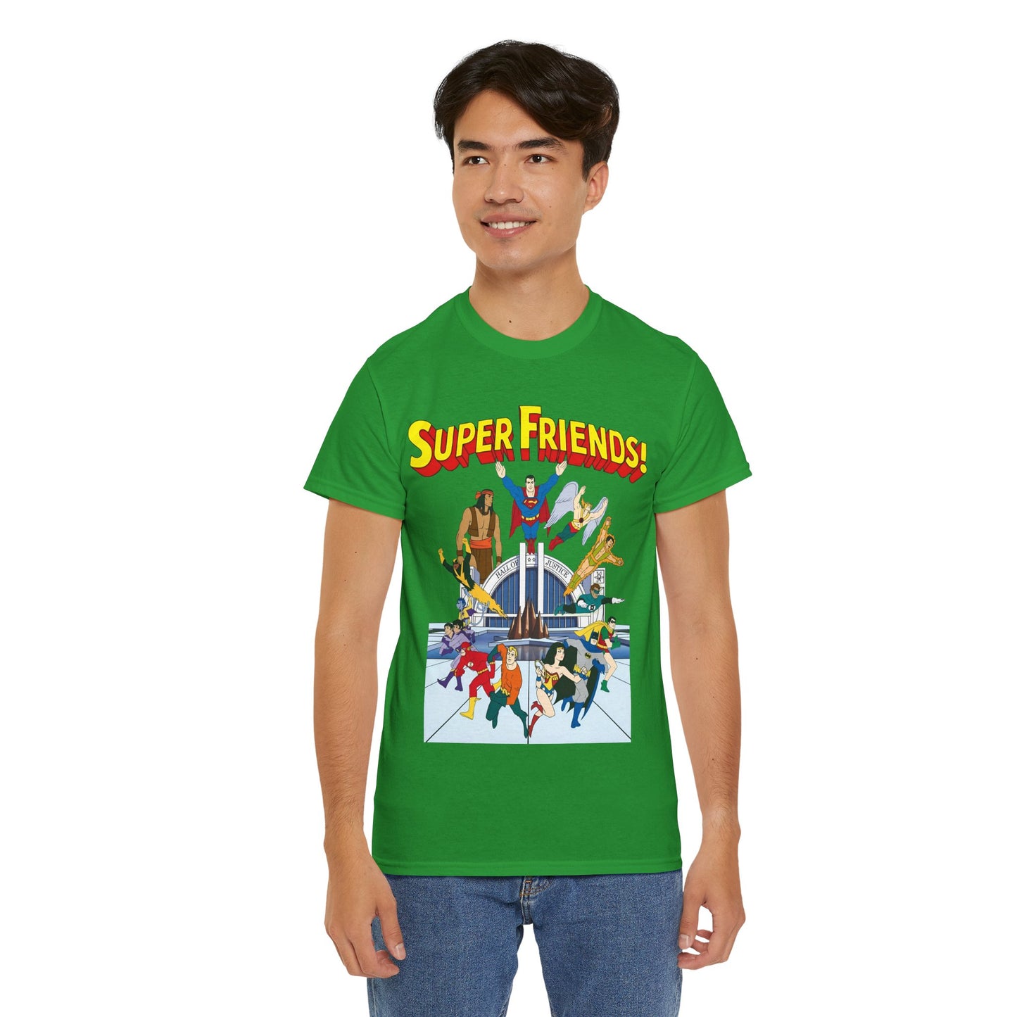 Super Friends T-Shirt - DC Hanna-Barbera - Superman, Wonder Woman, Black Vulcan, Batman, The Wonder Twins, Apache Chief, Hall of Justice