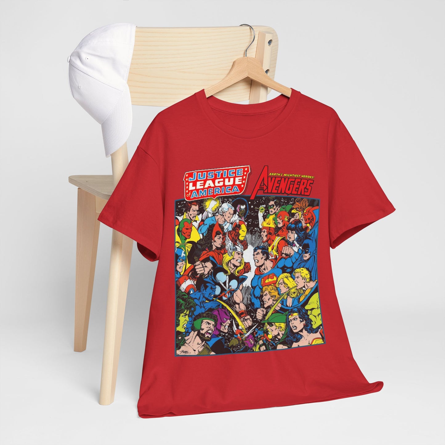 Justice League/Avengers T-Shirt - DC & Marvel Comics Art - George Perez - JLA - Batman, Captain America, Iron Man, Green Lantern