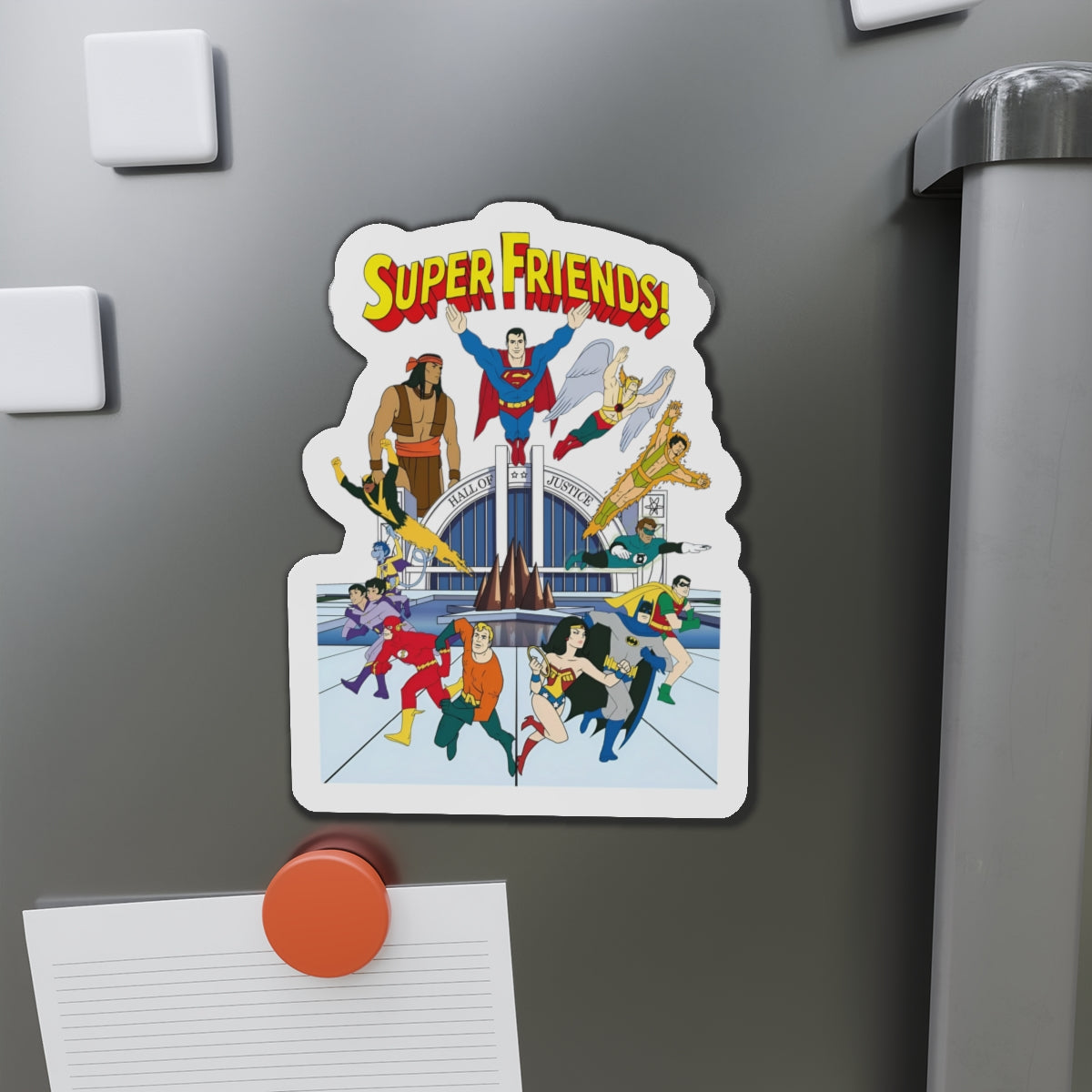 Super Friends Die-Cut Magnet - Beloved 1970s Saturday Morning Cartoon - Superman, Wonder Woman, Flash, Samurai, Green Lantern, Wonder Twins, Black Vulcan, Apache Chief - DC Comics - 3", 4", 5", 6"