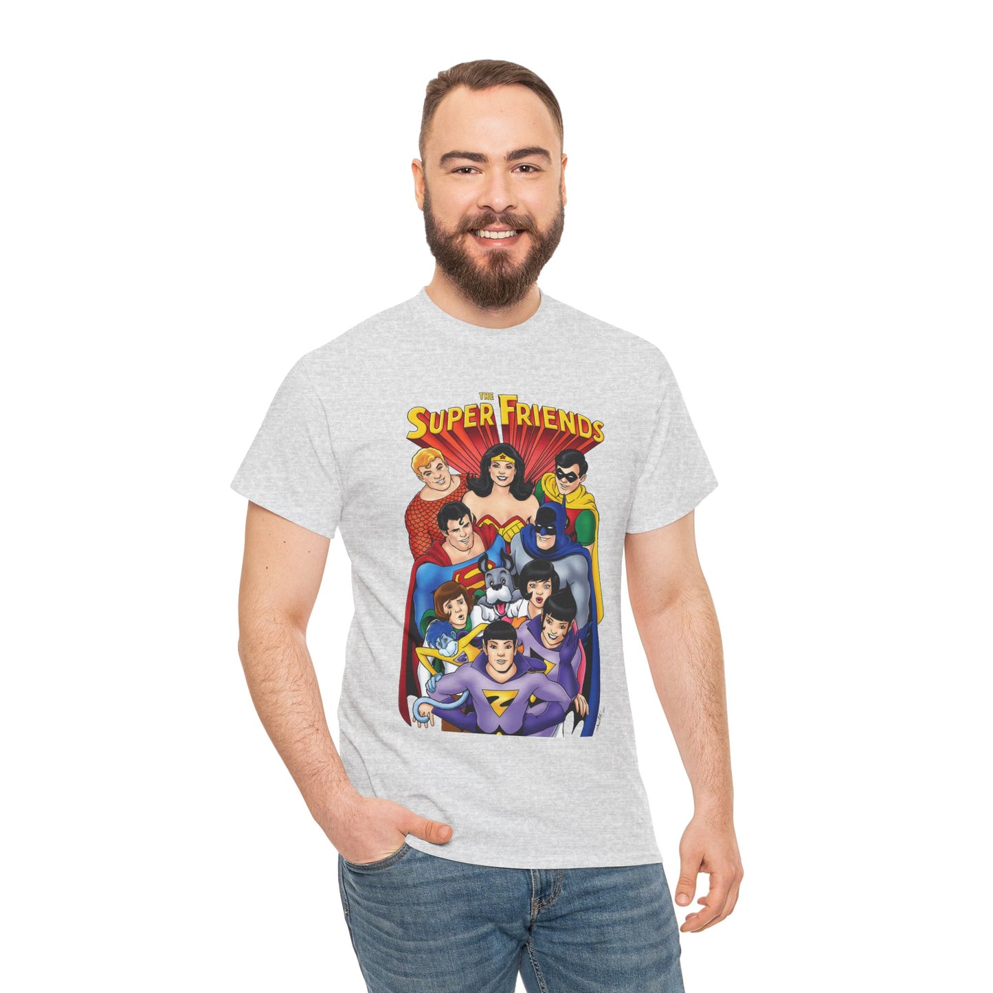Super Friends T-Shirt - Kevin Maguire Art - Wonder Twins, Gleek, Superman, Wonder Woman Batman - DC Comics - Based on 1970s Hanna-Barbera Cartoon