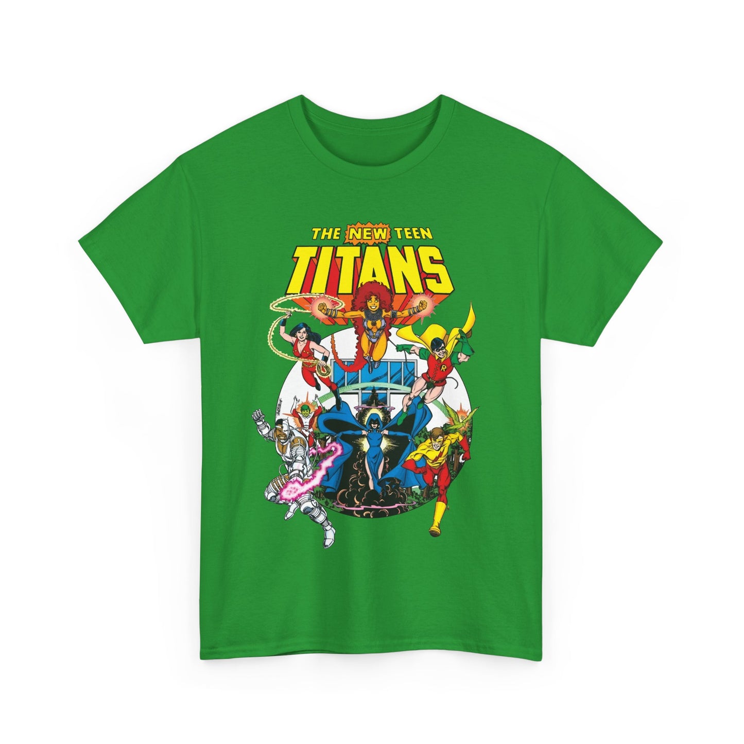 New Teen Titans T-Shirt - Classic George Perez Art - Cyborg, Raven, Starfire, Robin, Wonder Girl, Changeling, Kid Flash - Titans Tower - Popular DC Comics 1980s Series