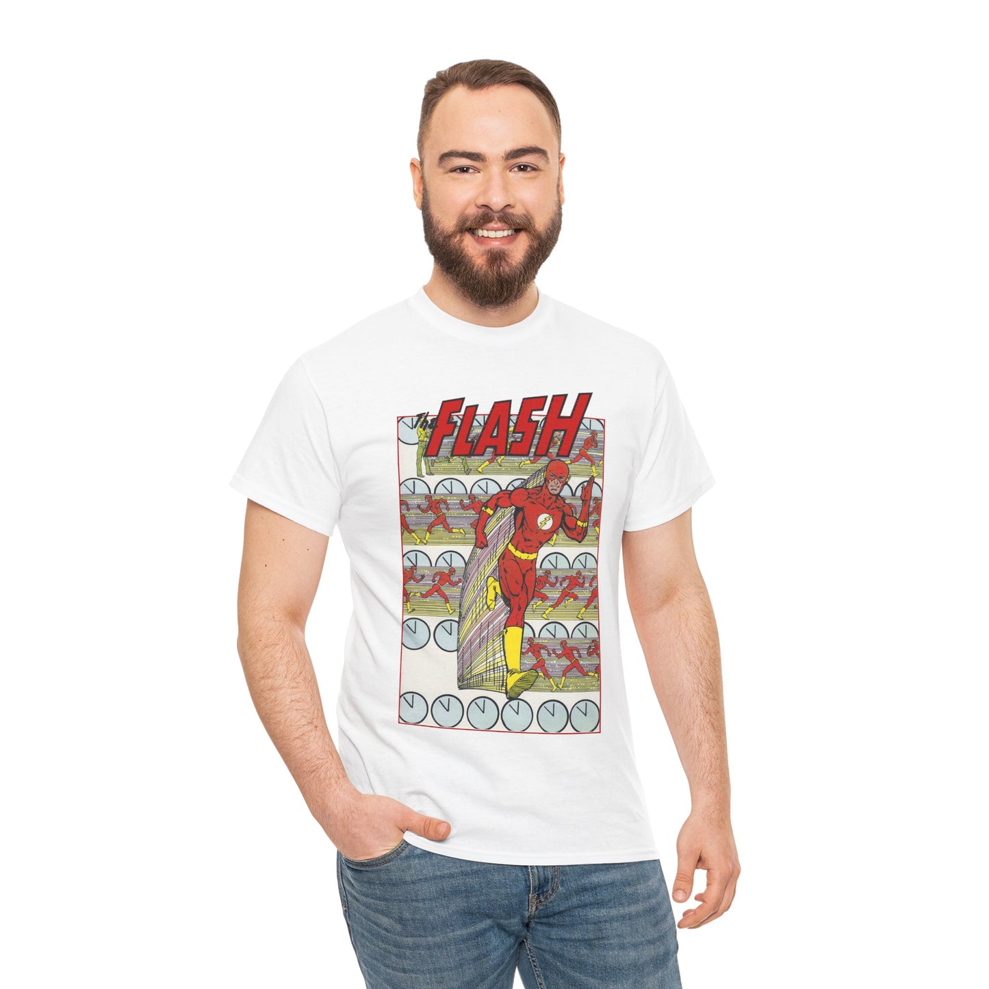 Flash T-Shirt - George Perez Art - JLA Postcard Set - 1980s Art - Justice League of America Satellite Era - Barry Allen, the Fastest Man Alive - DC Comics