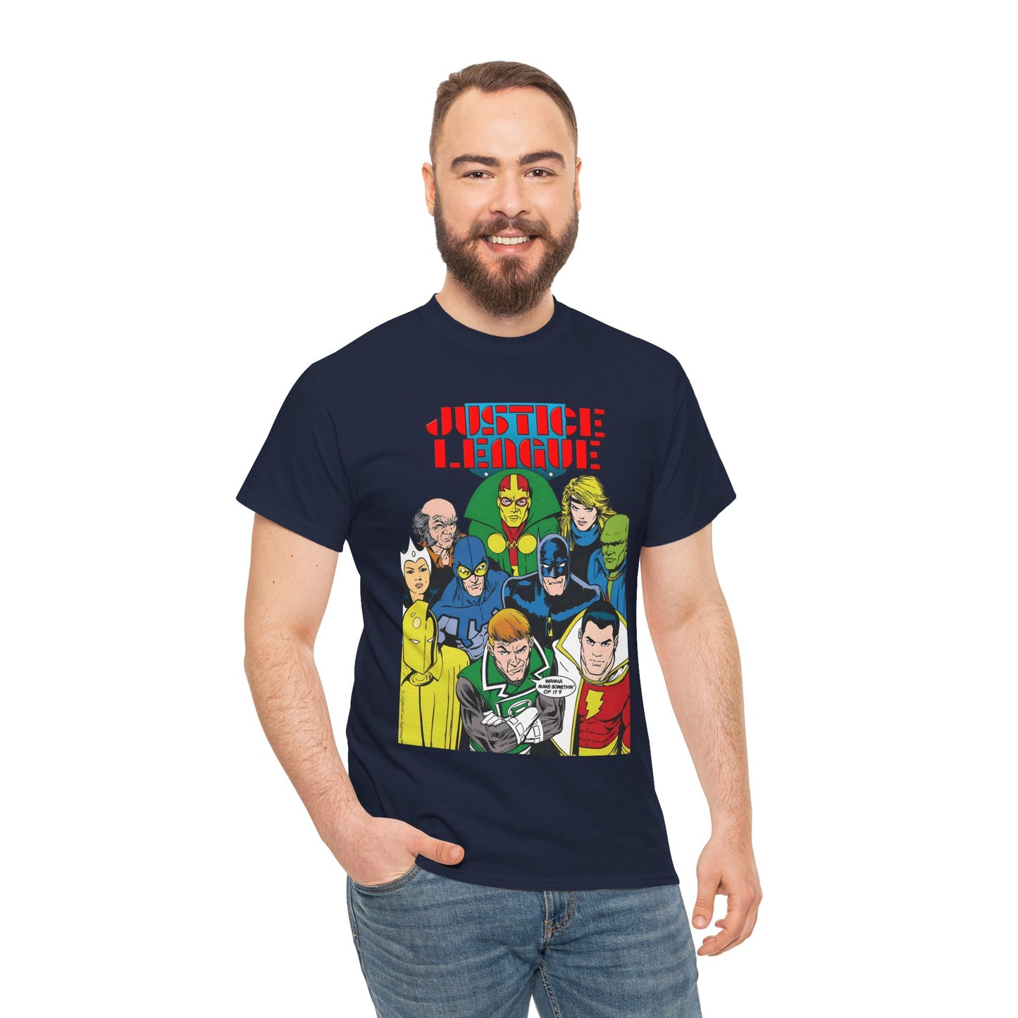 Justice League International T-Shirt - Kevin Maguire Art - JLI - DC Comics - Blue Beetle, Dr Fate, Batman, Mr Miracle, Martian Manhunter - Guy Gardner