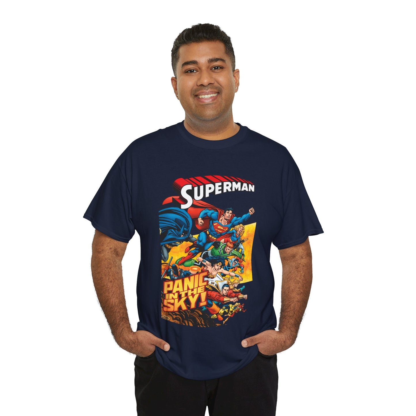 Superman - Panic in the Sky T-Shirt - Dan Jurgens Art - Vs Brainiac & Maxima - Wonder Woman, Booster Gold, Shazam, Batman, Flash, Aquaman, Supergirl - DC Comics