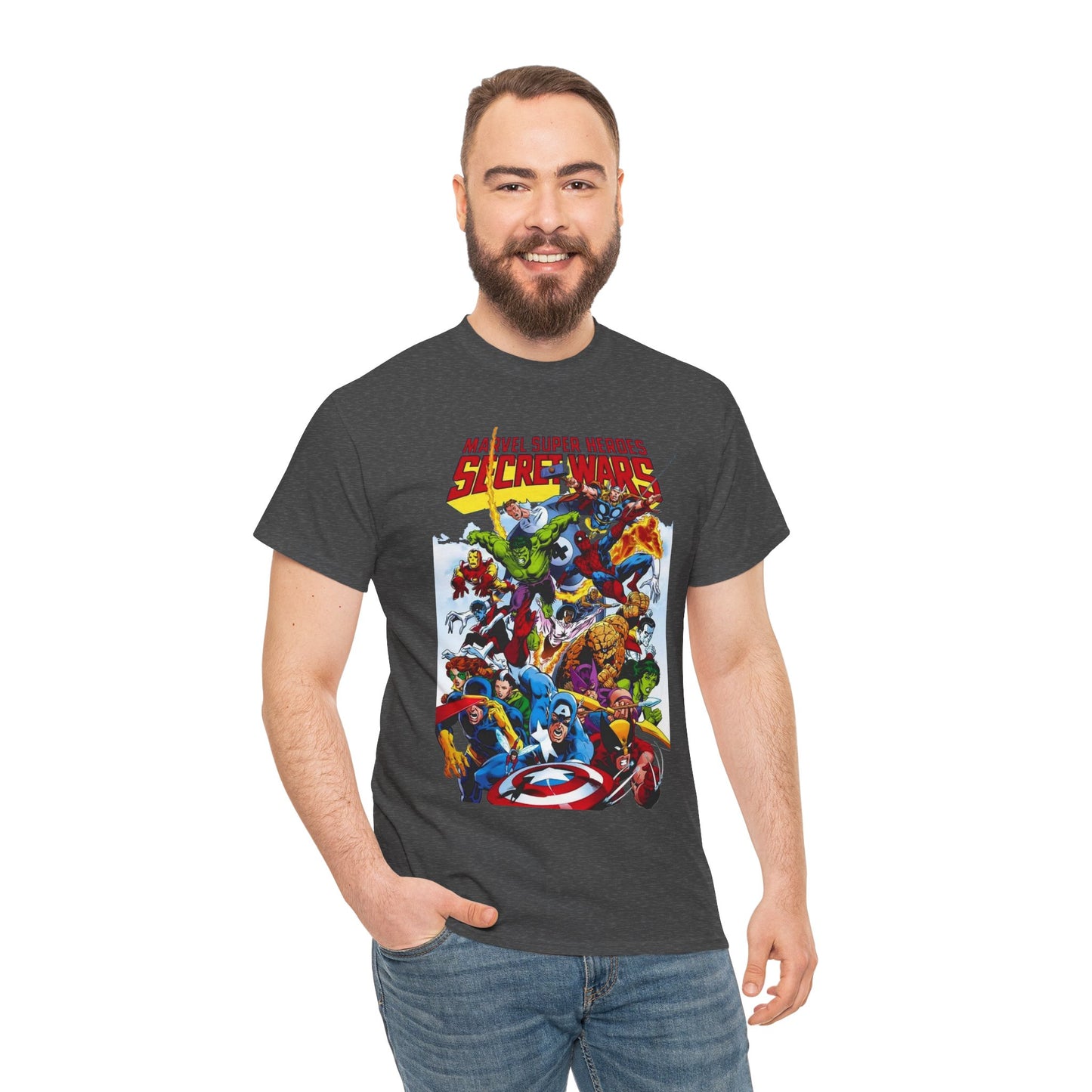 Secret Wars T-Shirt - Spider-man, Wolverine, Iron Man, Captain America, Cyclops, Rogue, Hulk, Mr Fantastic, The Thing - Classic Marvel Comics 1980s Series - The Beyonder
