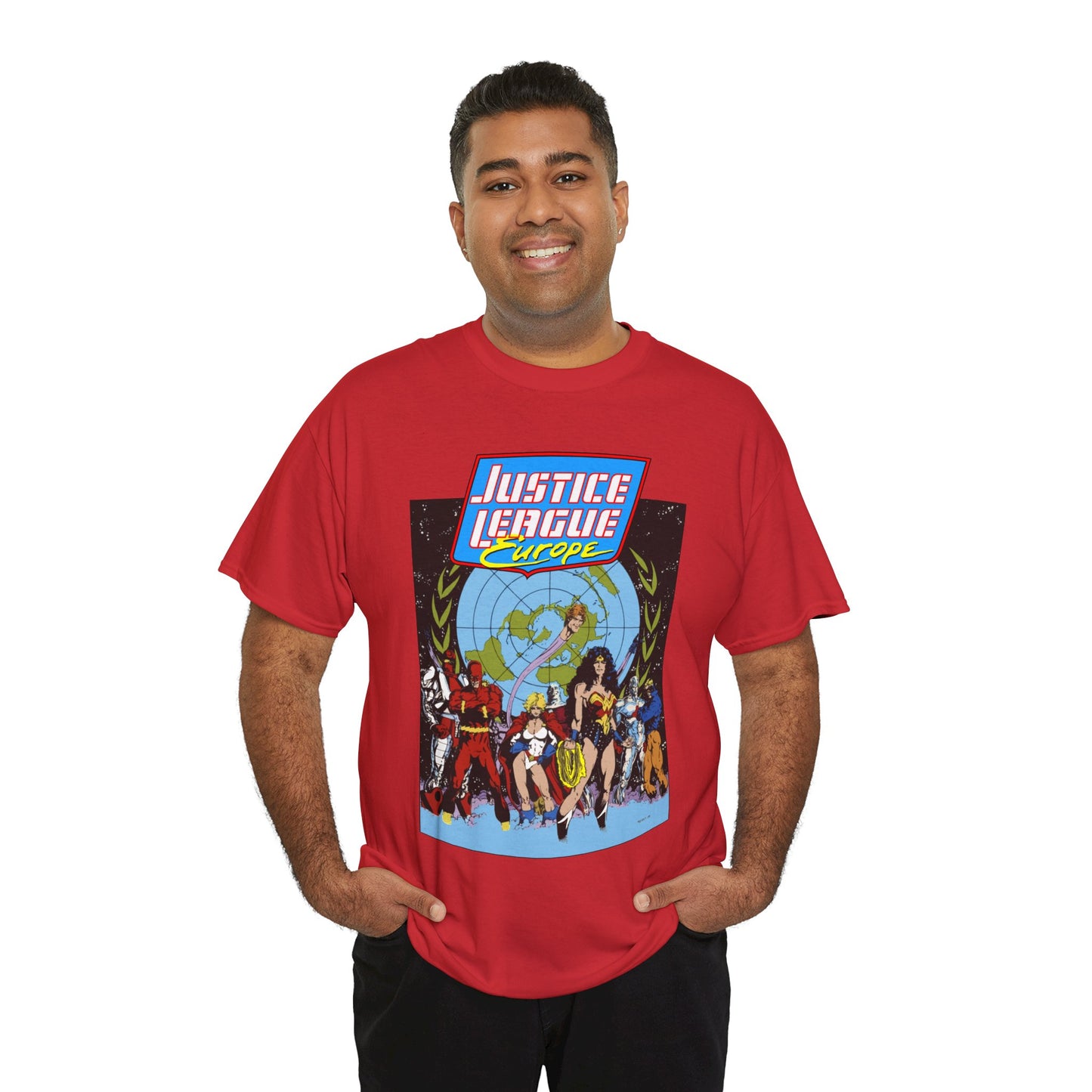 Justice League Europe T-Shirt - Bart Sears Art - Wonder Woman, Flash, Captain Atom, Animal Man, Elongated Man, Power Girl, Metamorpho - JLI Spin-Off - DC Comics